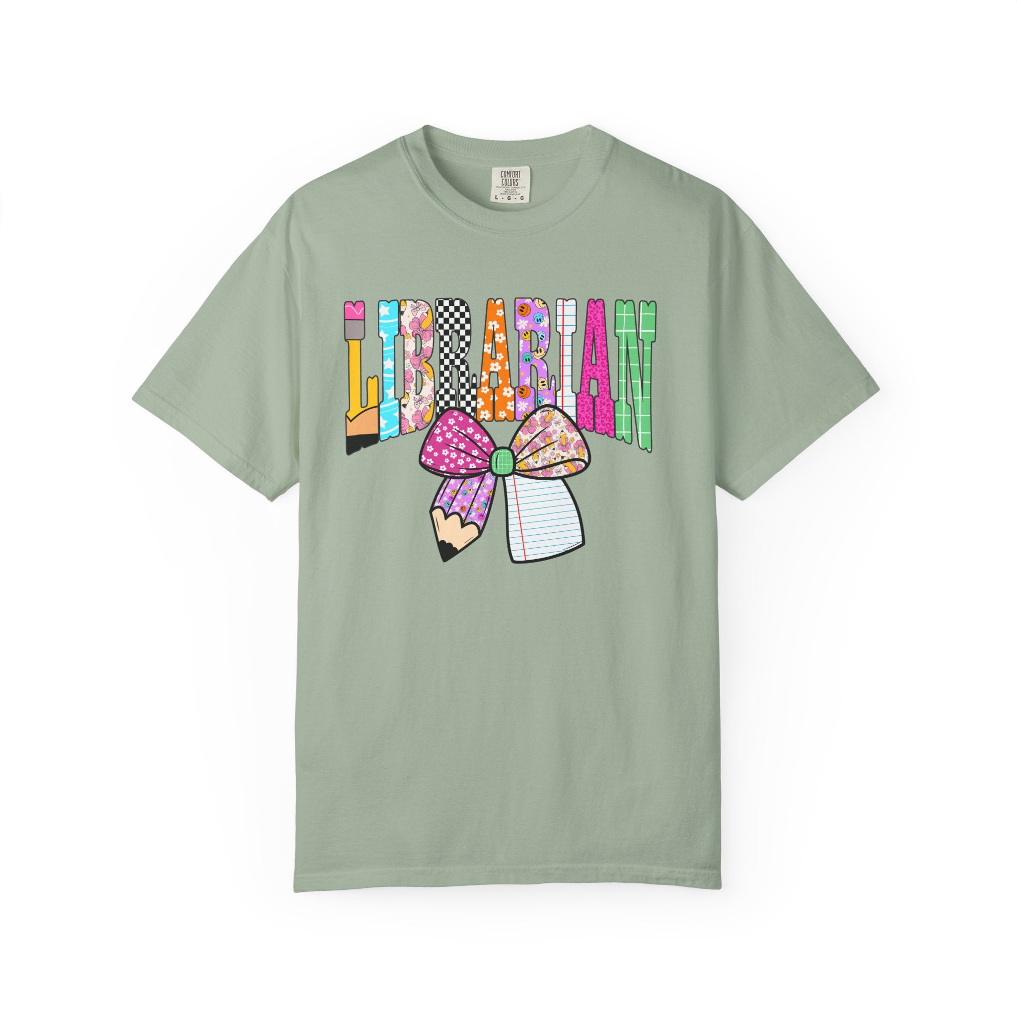 Librarian Graphic T‑Shirt — Colorful Bookish Bow Design