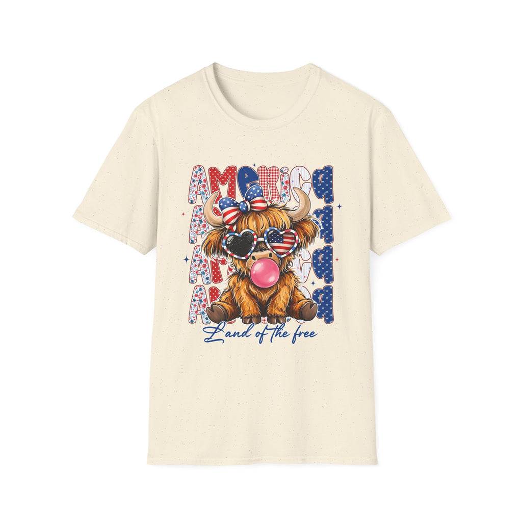 Patriotic Highland Cow T-Shirt — 'Land of the Free' 4th of July Tee