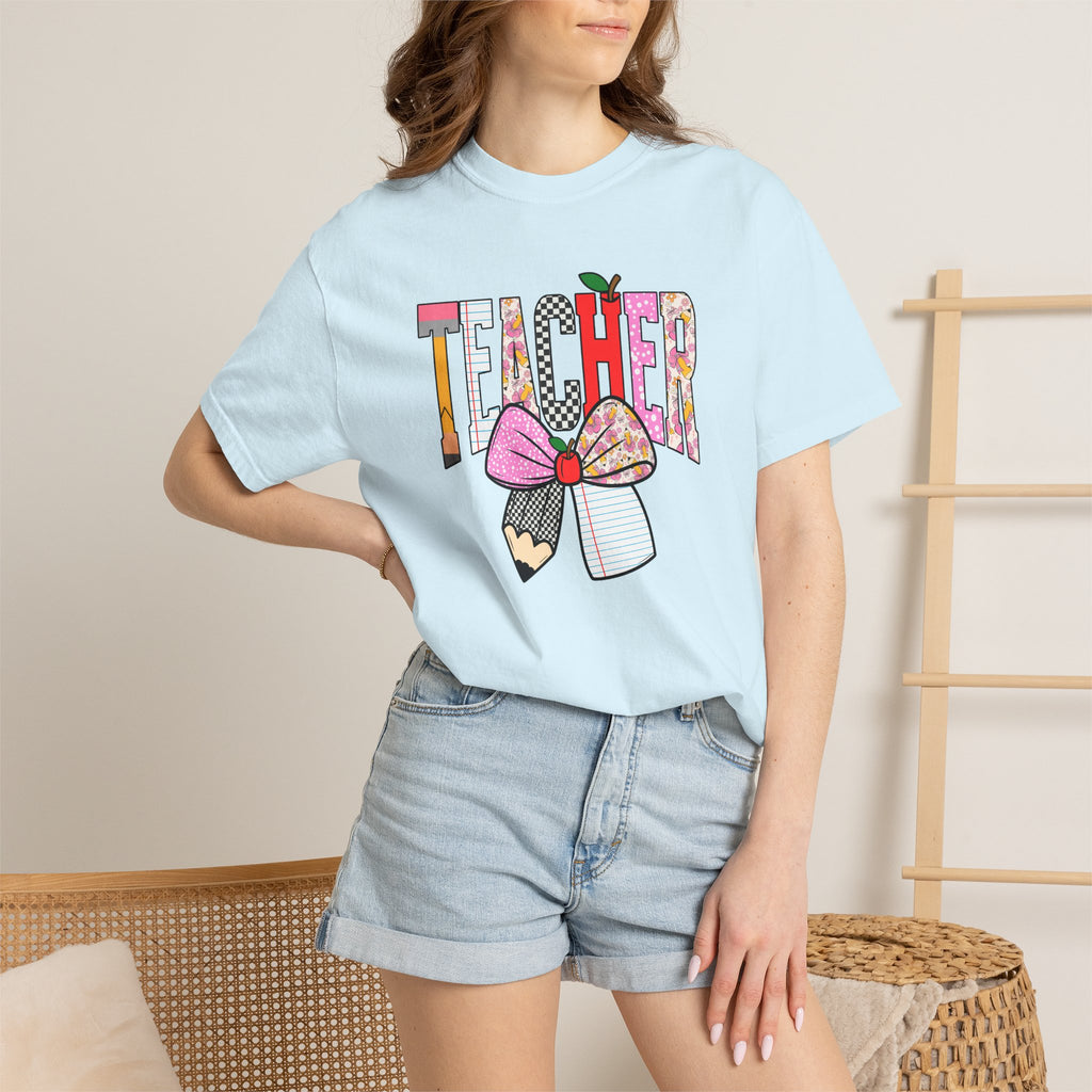 Teacher Graphic T-Shirt — Colorful Pencil & Bow Design