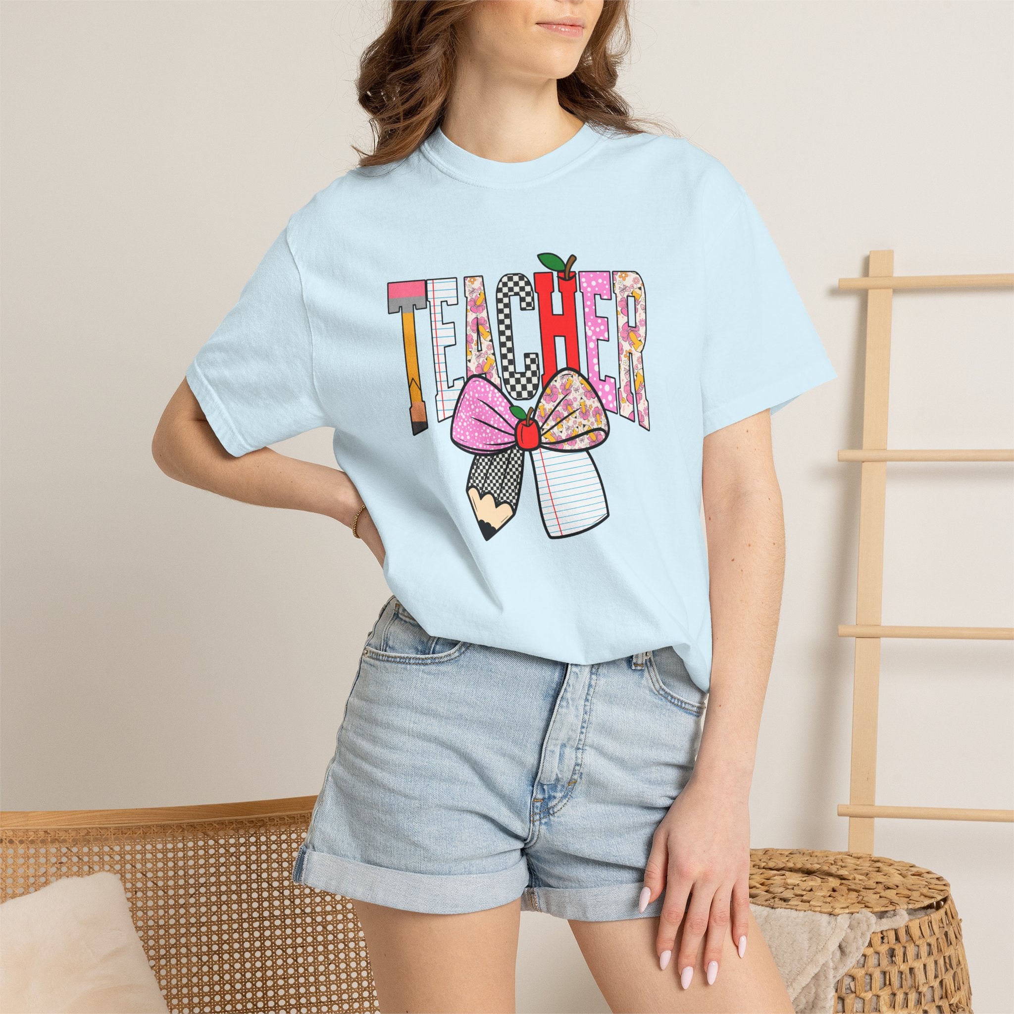 Teacher Graphic T-Shirt — Colorful Pencil & Bow Design