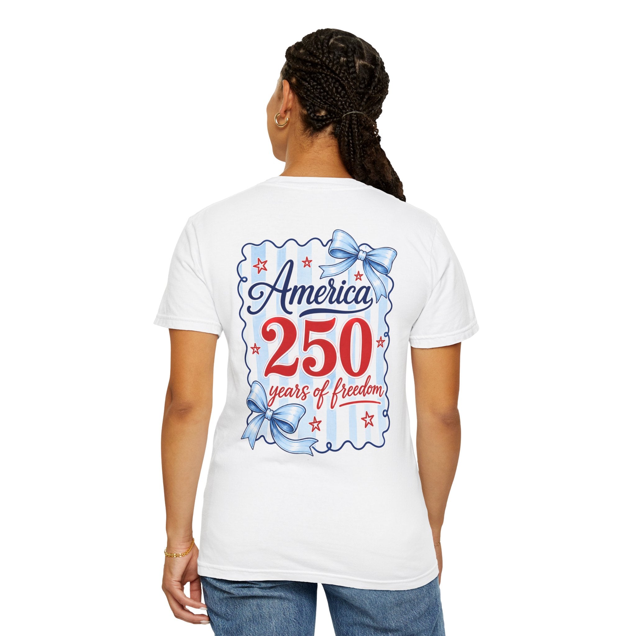 America 250 Years of Freedom T-Shirt — Patriotic Red, White & Blue Bow Tee