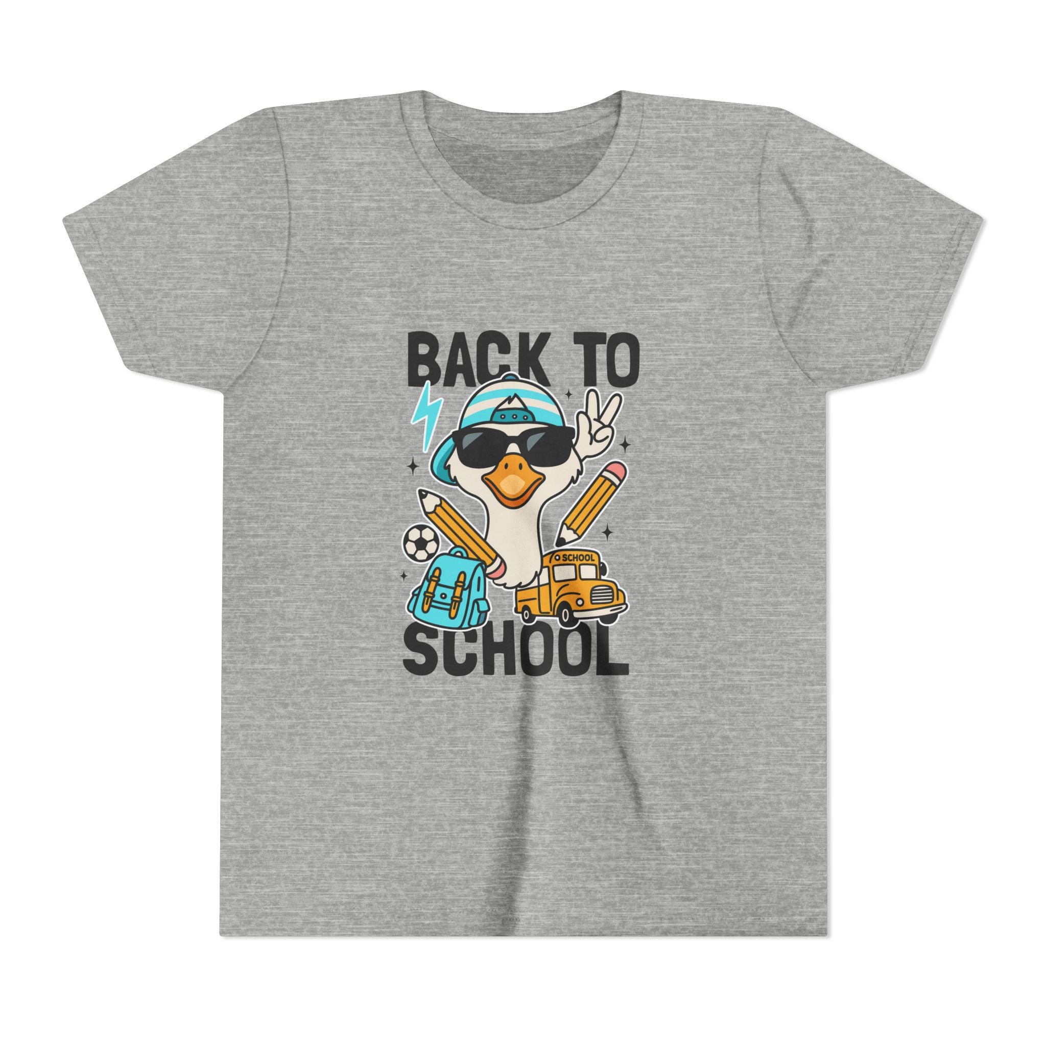 Back to School Duck Youth Tee — Cute Kids School Shirt with Backpack, Bus & Pencil Design