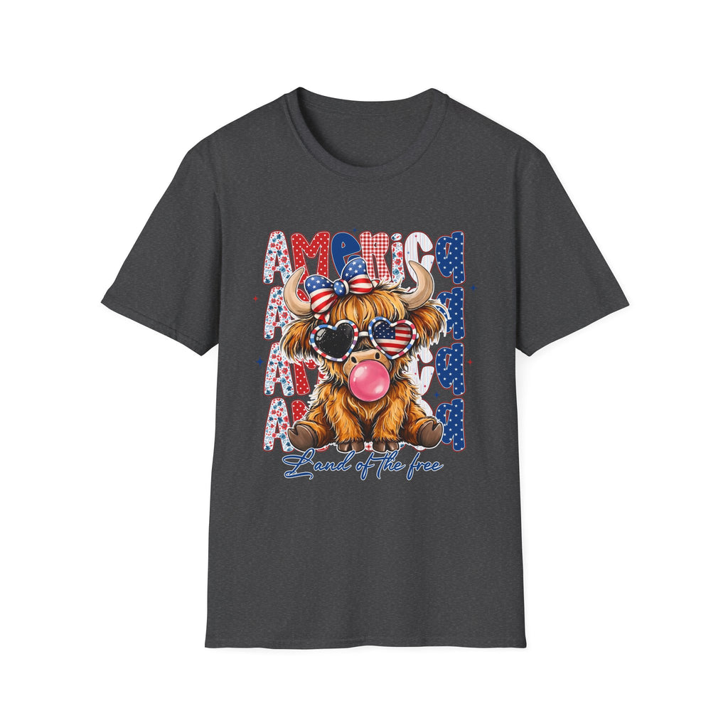 Patriotic Highland Cow T-Shirt — 'Land of the Free' 4th of July Tee