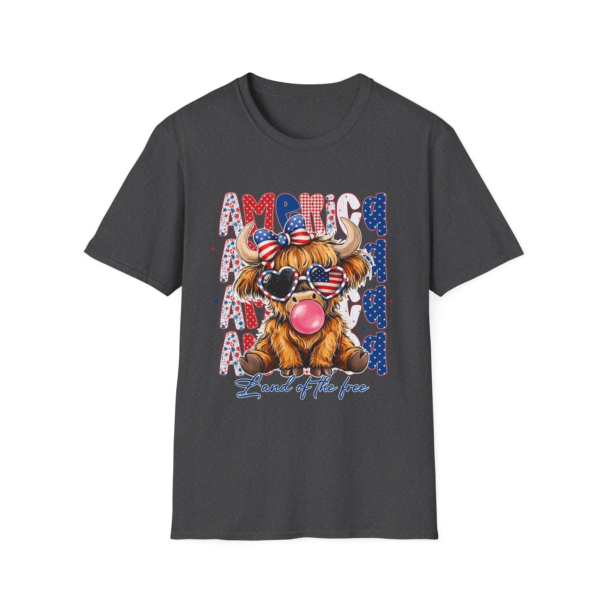 Patriotic Highland Cow T-Shirt — 'Land of the Free' 4th of July Tee