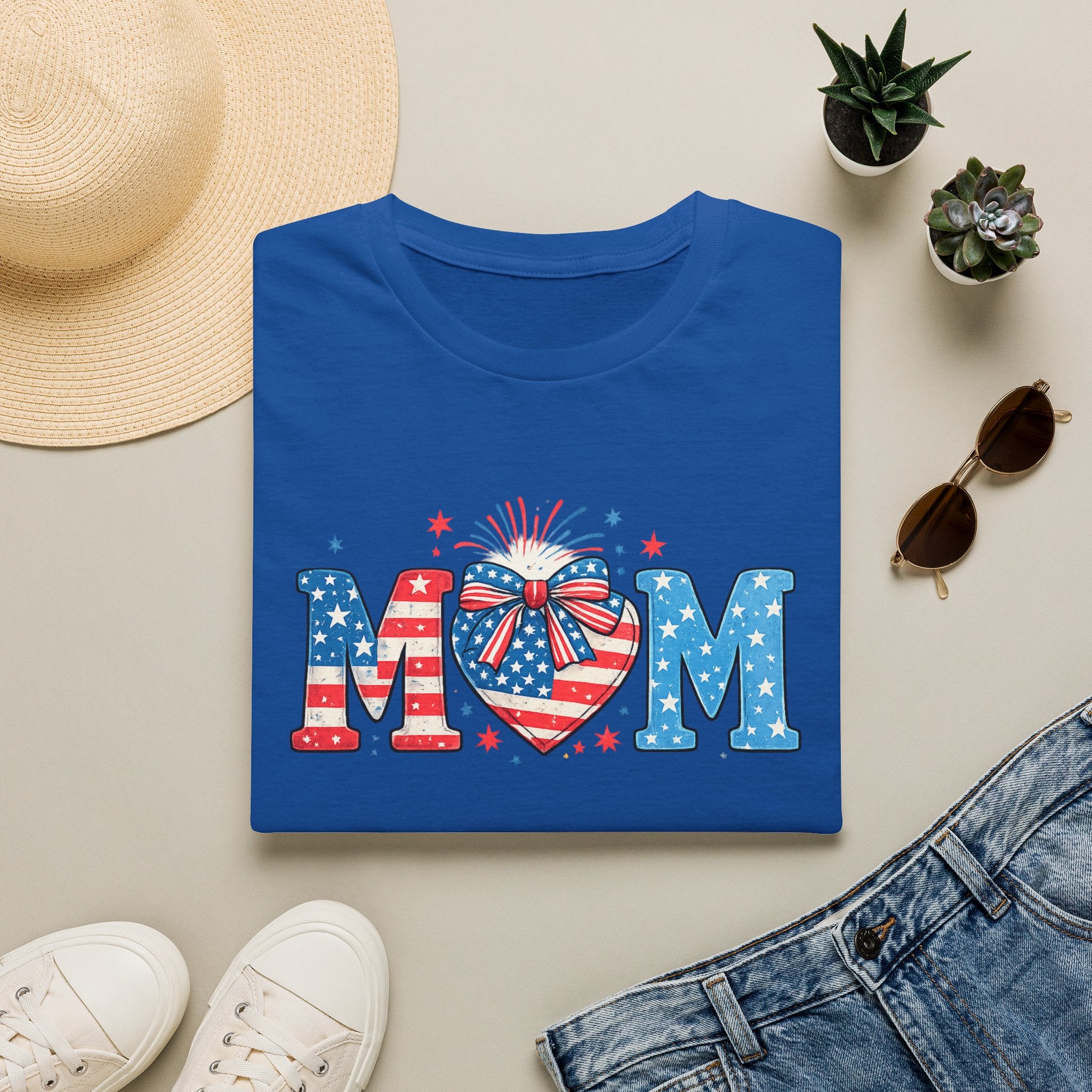 Patriotic MOM T-Shirt — Stars & Stripes Heart Design (Fourth of July / Mother's Day)