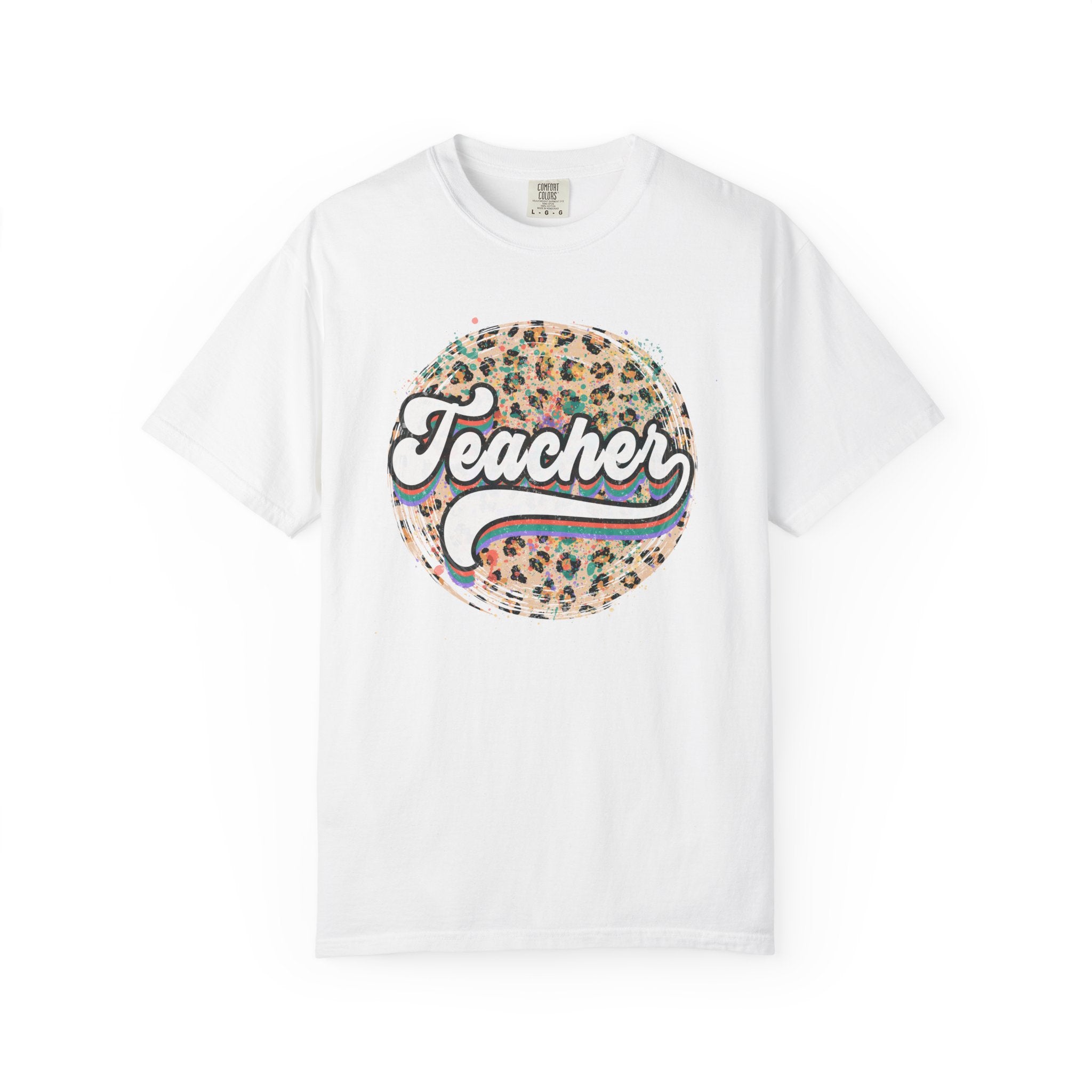 Teacher Leopard Circle T-Shirt — Retro Rainbow Script Tee for Educators