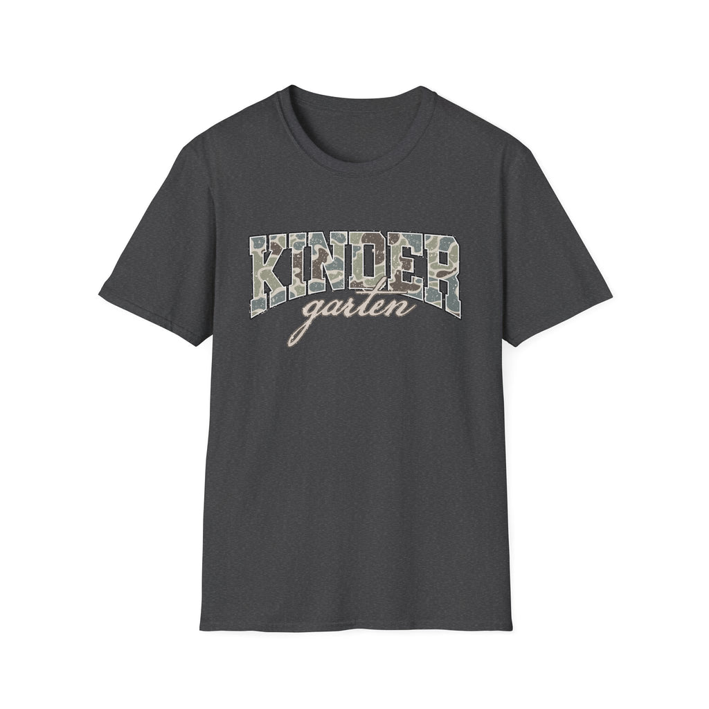 Kindergarten Camo T-Shirt — 'Kindergarten' Script & Camo Block Design