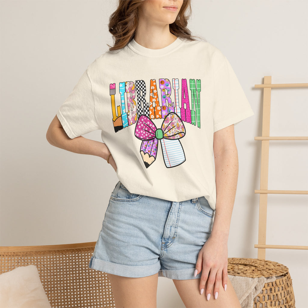 Librarian Graphic T‑Shirt — Colorful Bookish Bow Design