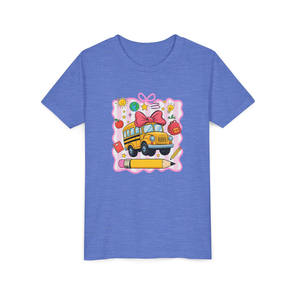 Youth Tee — Cute School Bus Back to School Kids Shirt (Pencil, Apple, Sun)