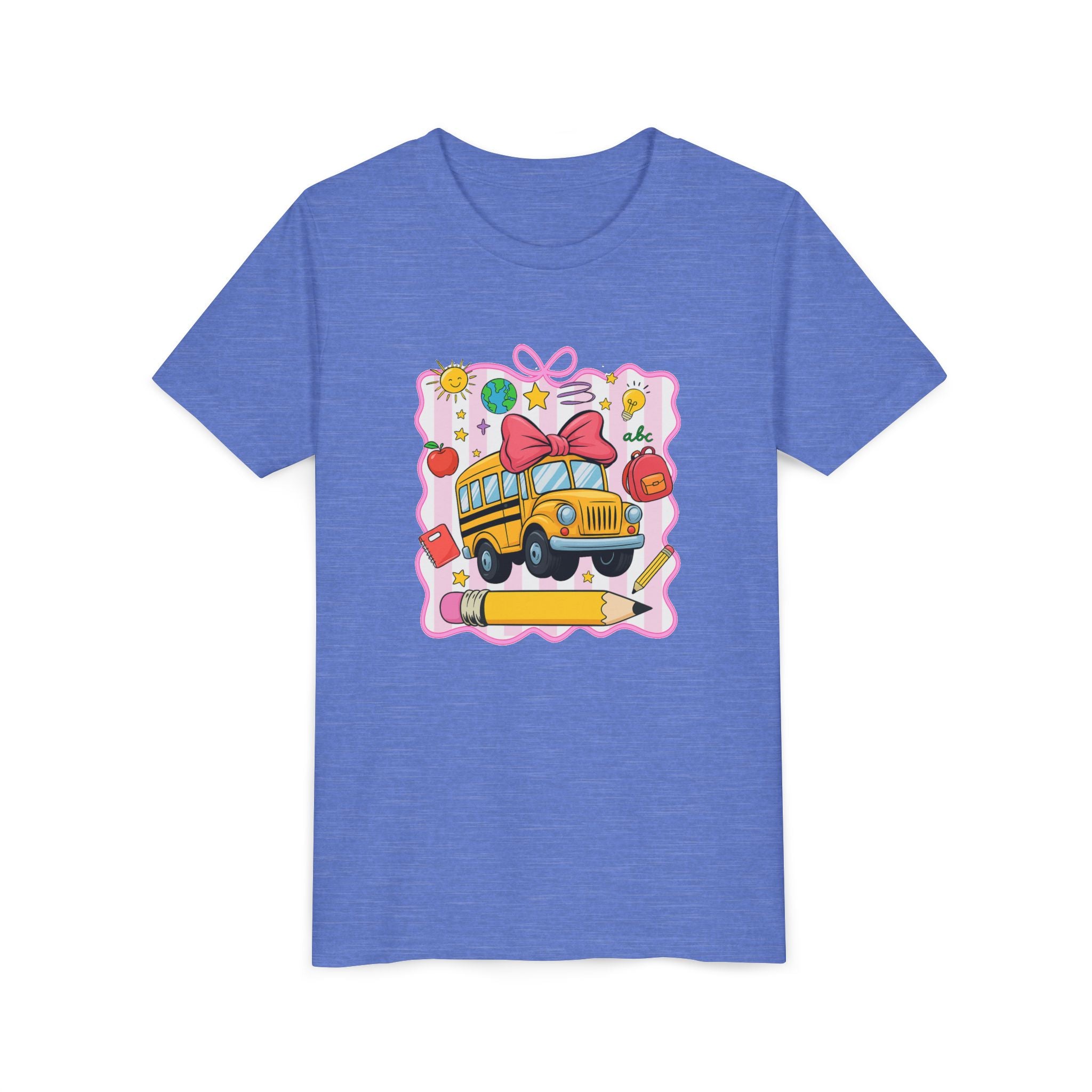 Youth Tee — Cute School Bus Back to School Kids Shirt (Pencil, Apple, Sun)