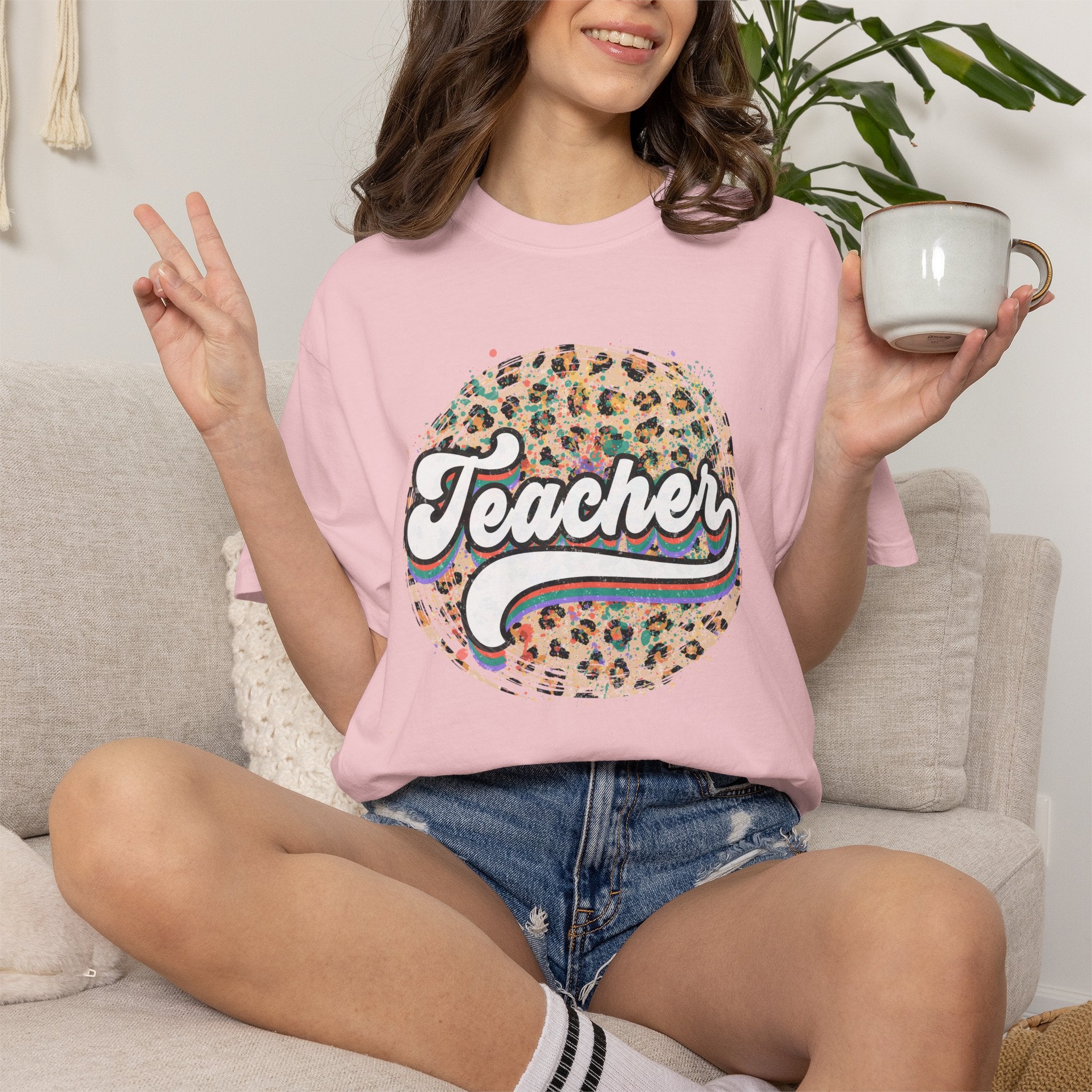 Teacher Leopard Circle T-Shirt — Retro Rainbow Script Tee for Educators
