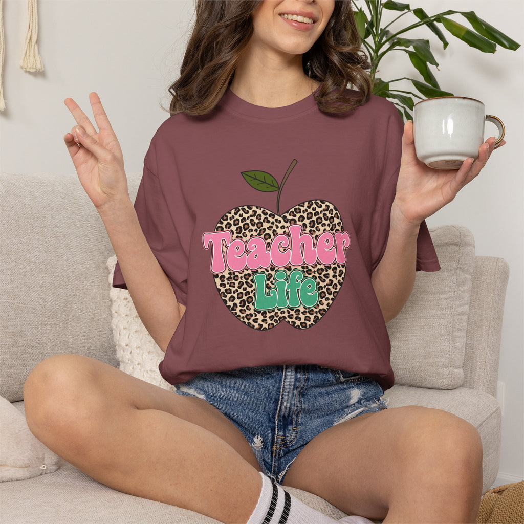 Teacher Life T-Shirt — Leopard Apple Graphic Tee for Educators