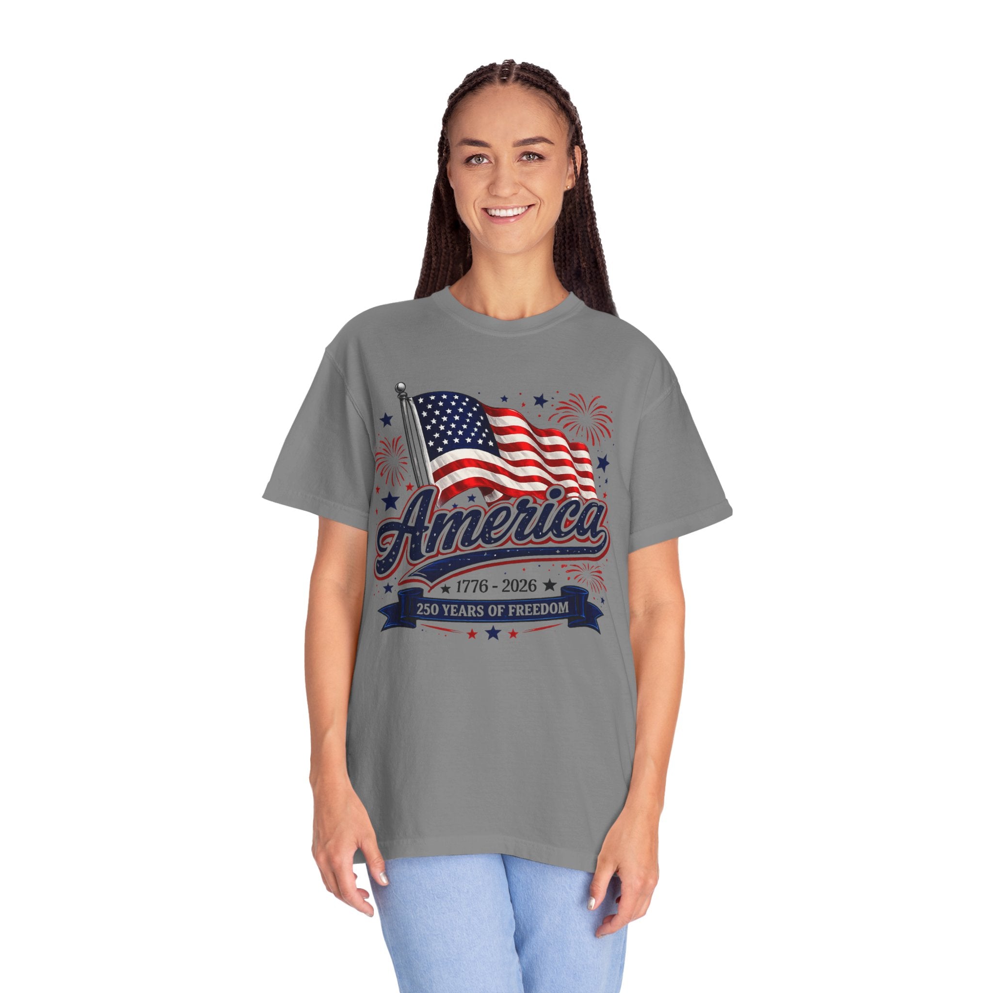 America 250th Anniversary T-Shirt — "America" Flag & Fireworks 1776–2026