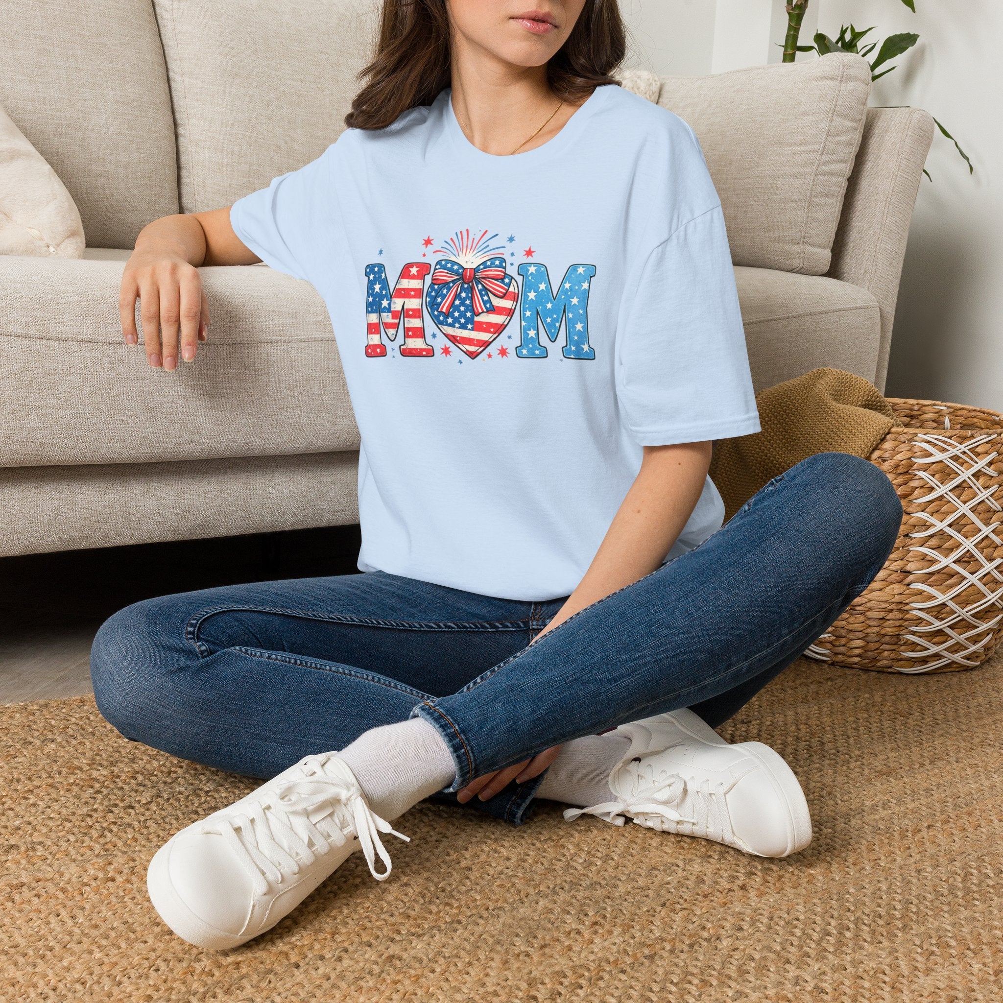 Patriotic MOM T-Shirt — Stars & Stripes Heart Design (Fourth of July / Mother's Day)