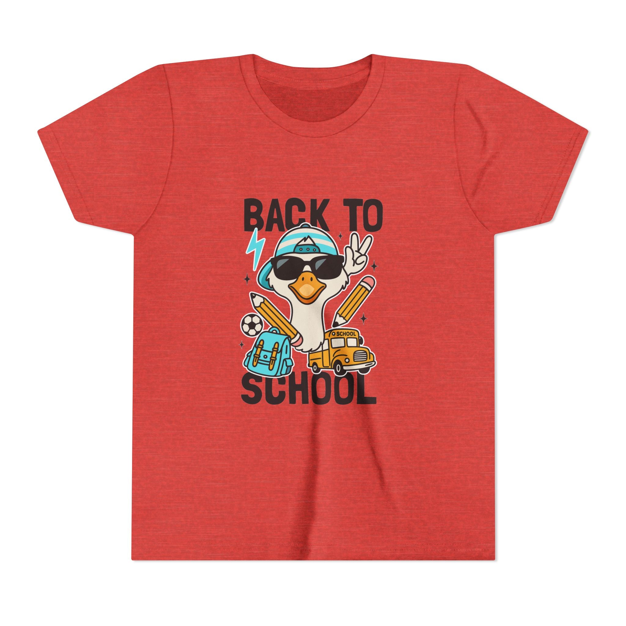Back to School Duck Youth Tee — Cute Kids School Shirt with Backpack, Bus & Pencil Design