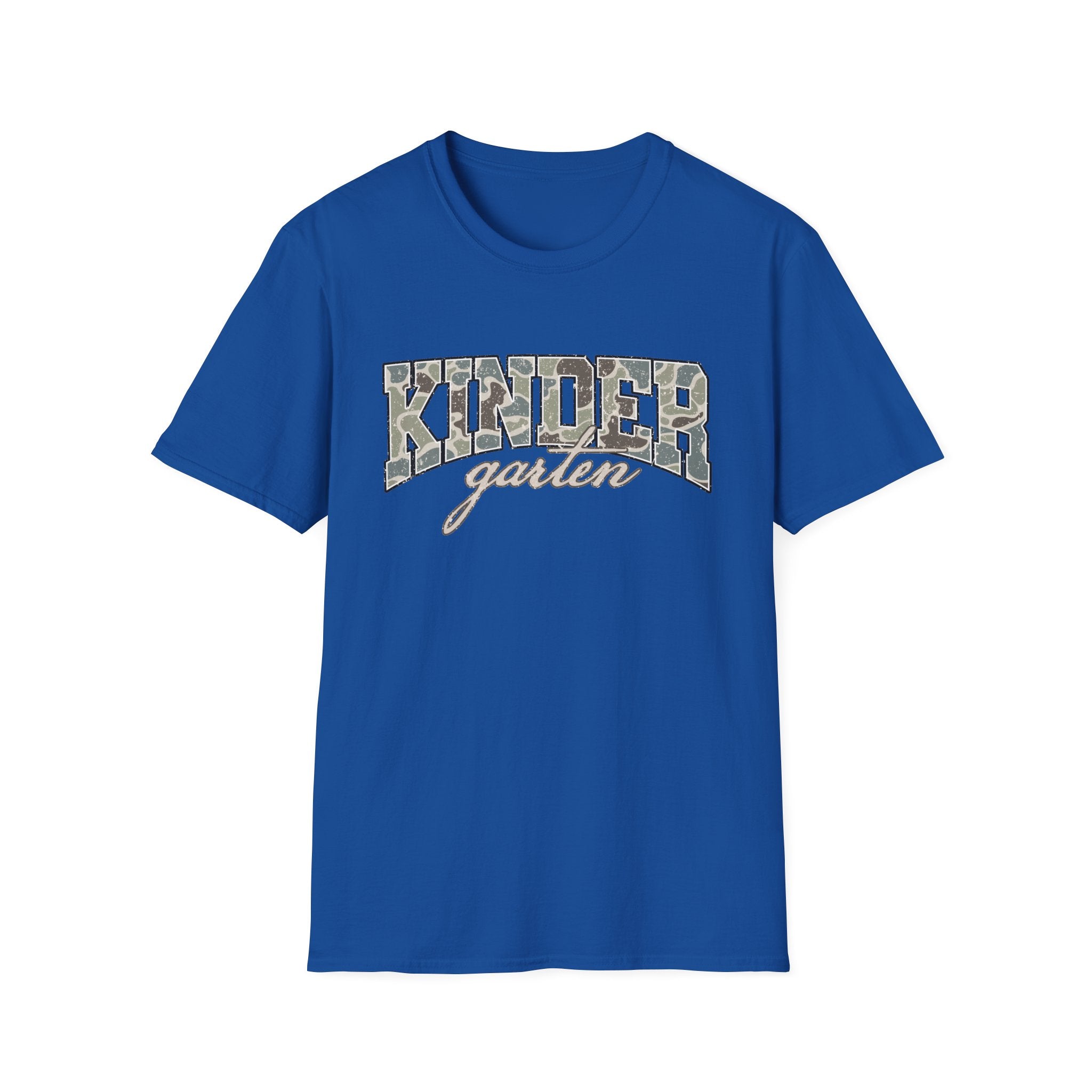 Kindergarten Camo T-Shirt — 'Kindergarten' Script & Camo Block Design