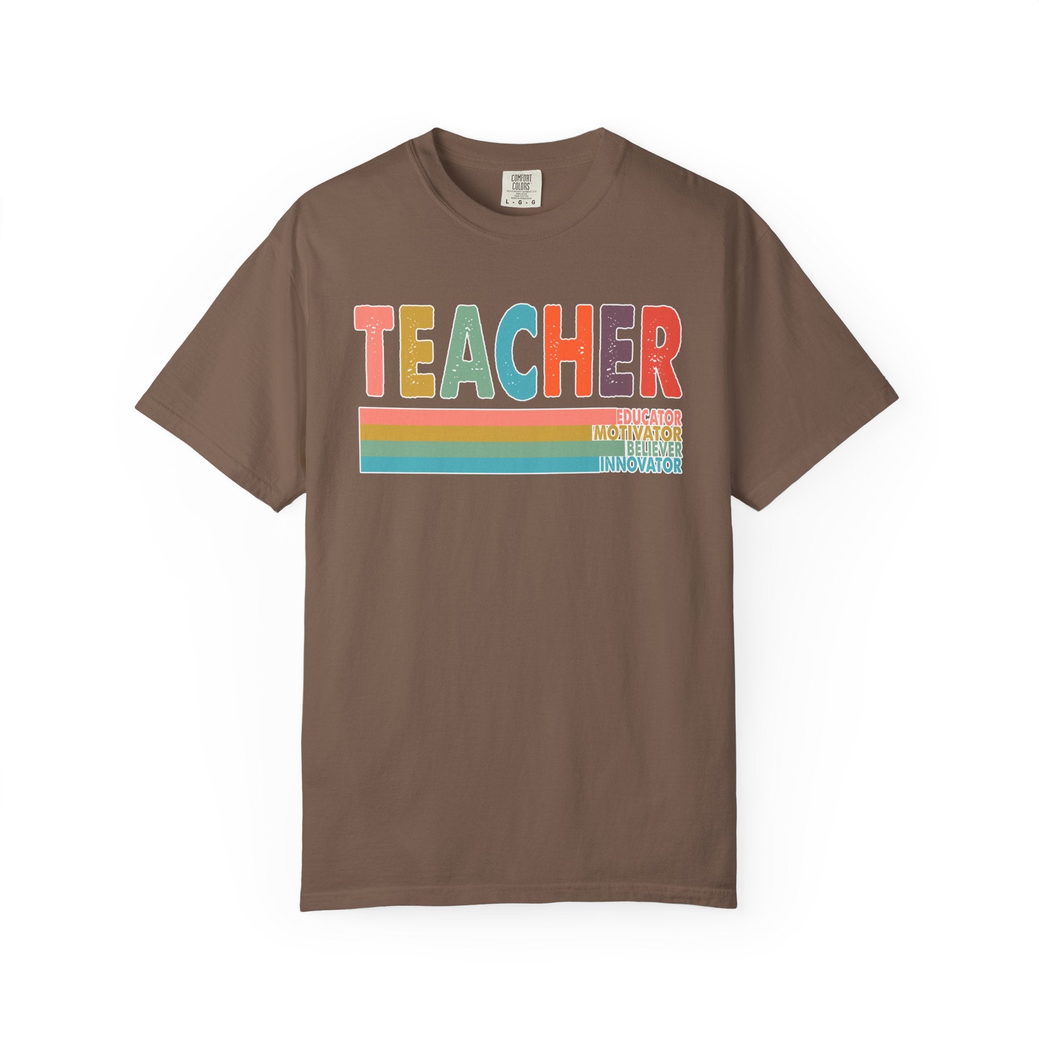 Teacher Rainbow Stripes T-Shirt — Retro Colorful Educator Tee