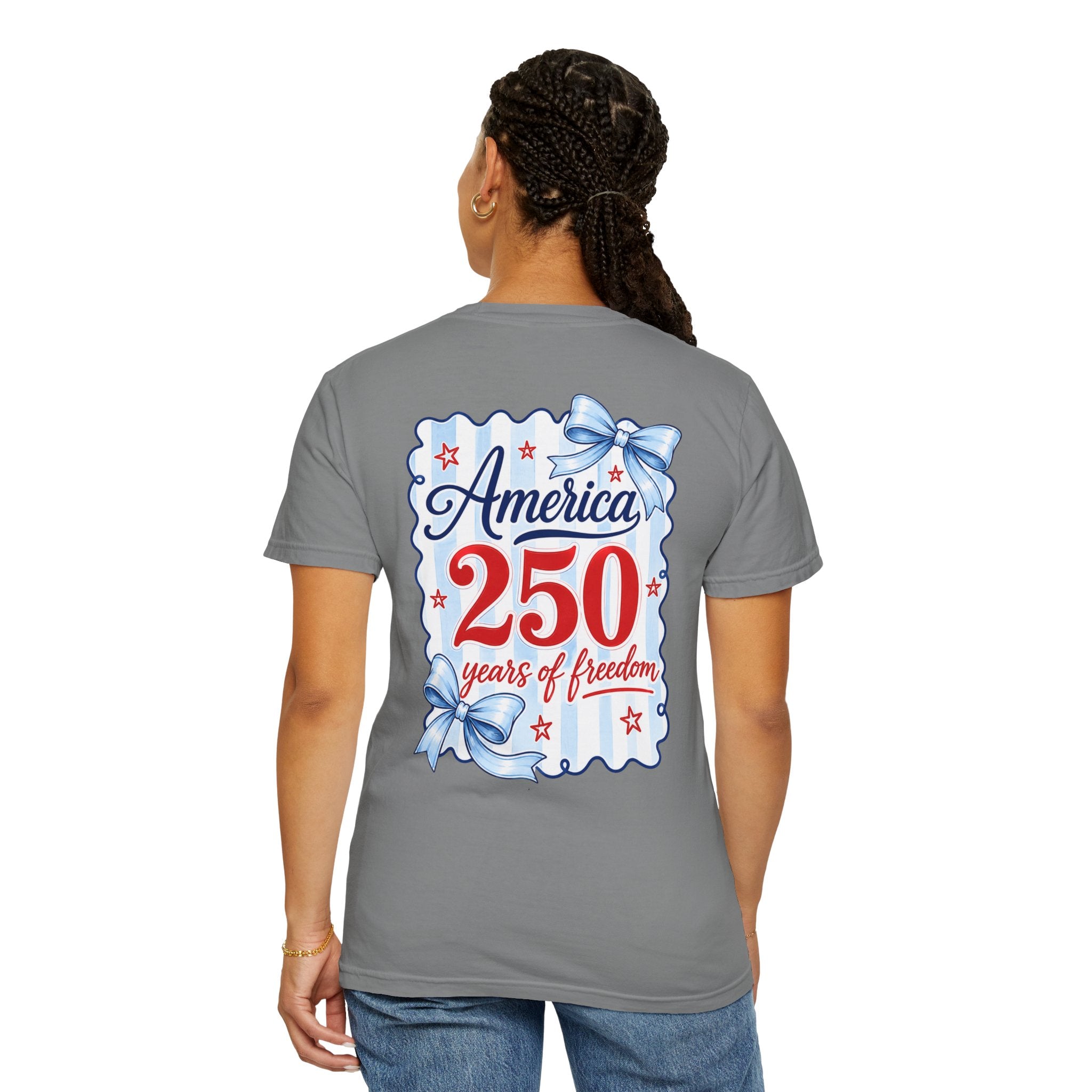 America 250 Years of Freedom T-Shirt — Patriotic Red, White & Blue Bow Tee