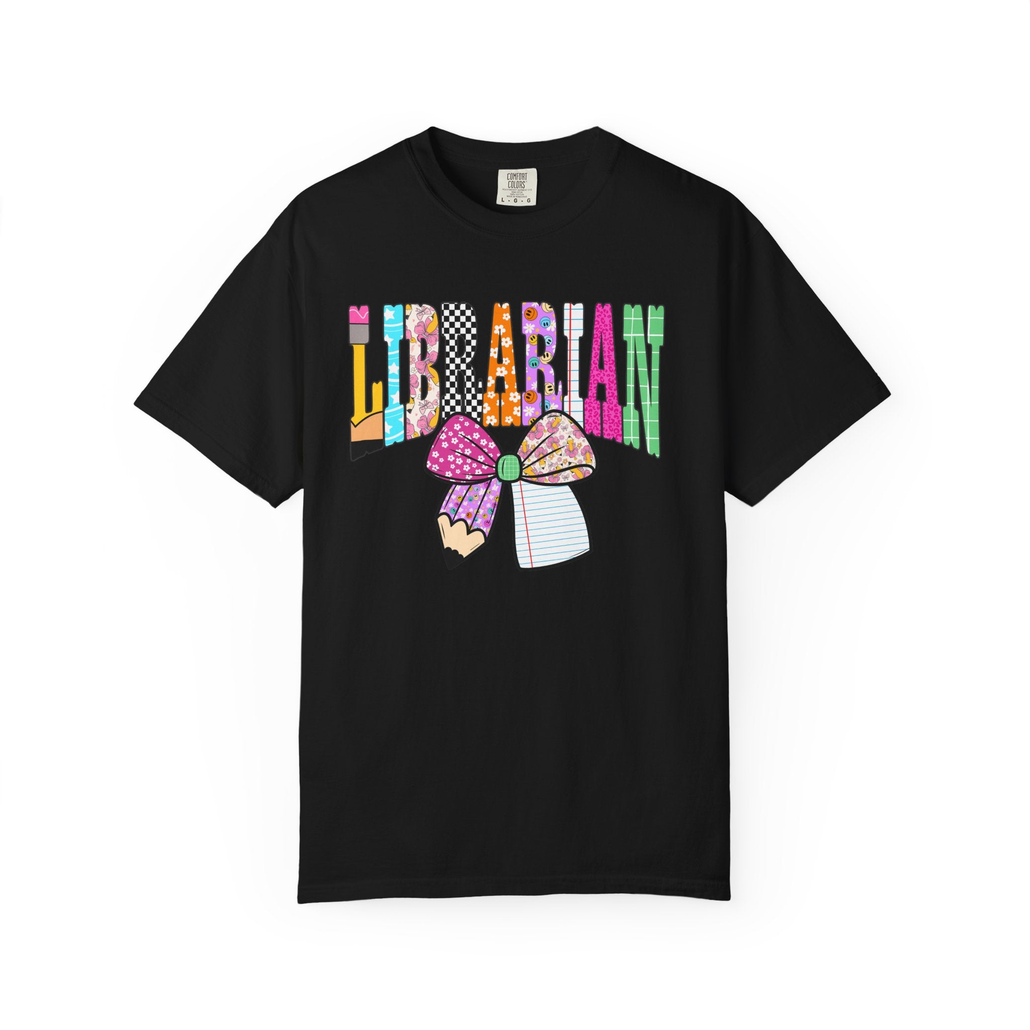 Librarian Graphic T‑Shirt — Colorful Bookish Bow Design