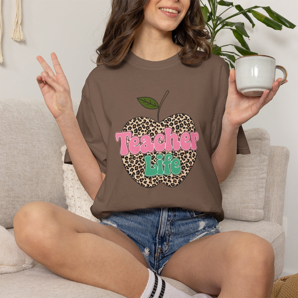 Teacher Life T-Shirt — Leopard Apple Graphic Tee for Educators