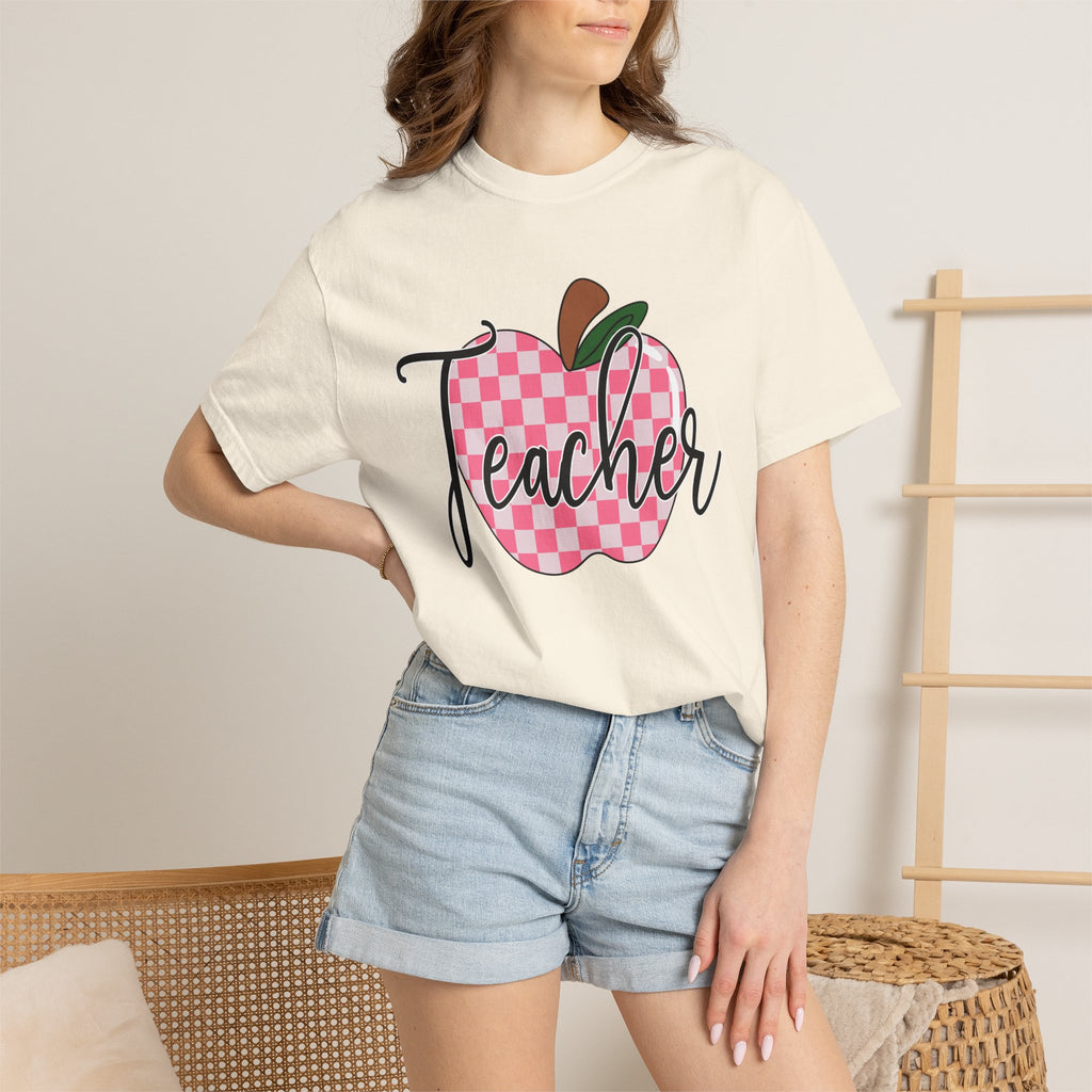 Teacher Apple T-Shirt — Pink Checkered Apple Teacher Tee