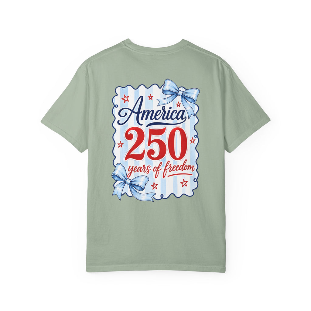 America 250 Years of Freedom T-Shirt — Patriotic 4th of July Tee with Blue Ribbon Design