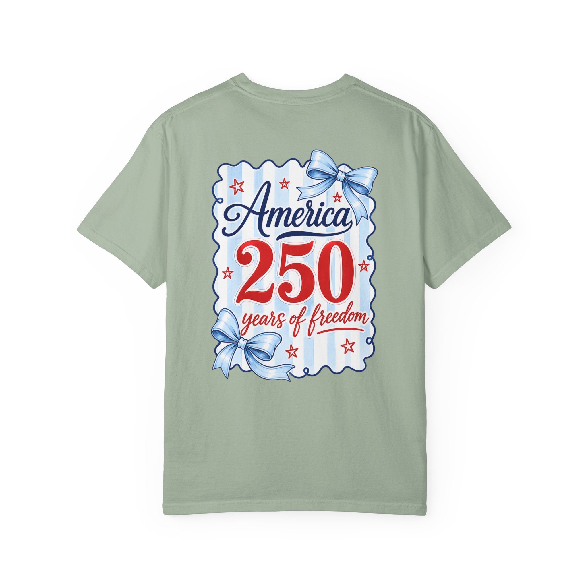 America 250 Years of Freedom T-Shirt — Patriotic 4th of July Tee with Blue Ribbon Design