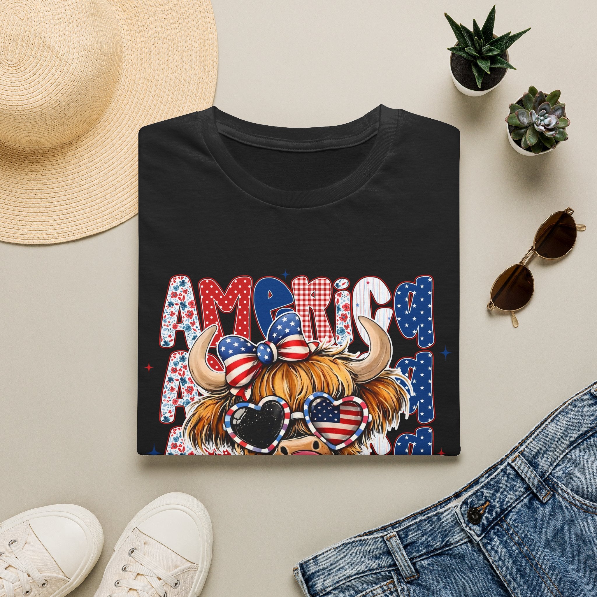 Patriotic Highland Cow T-Shirt — 'Land of the Free' 4th of July Tee