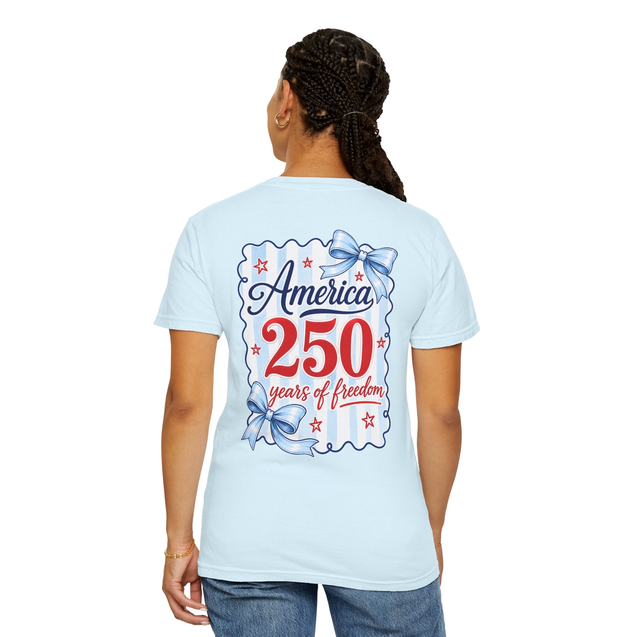 America 250 Years of Freedom T-Shirt — Patriotic Red, White & Blue Bow Tee