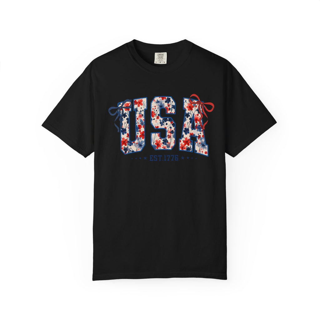 USA Floral Graphic T-Shirt — EST.1776 Patriotic Fourth of July Tee