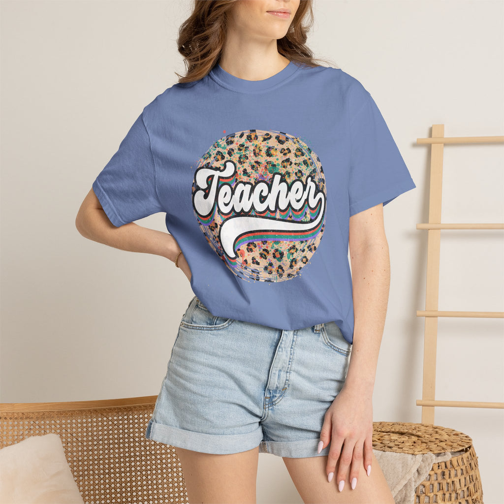 Teacher Leopard Circle T-Shirt — Retro Rainbow Script Tee for Educators