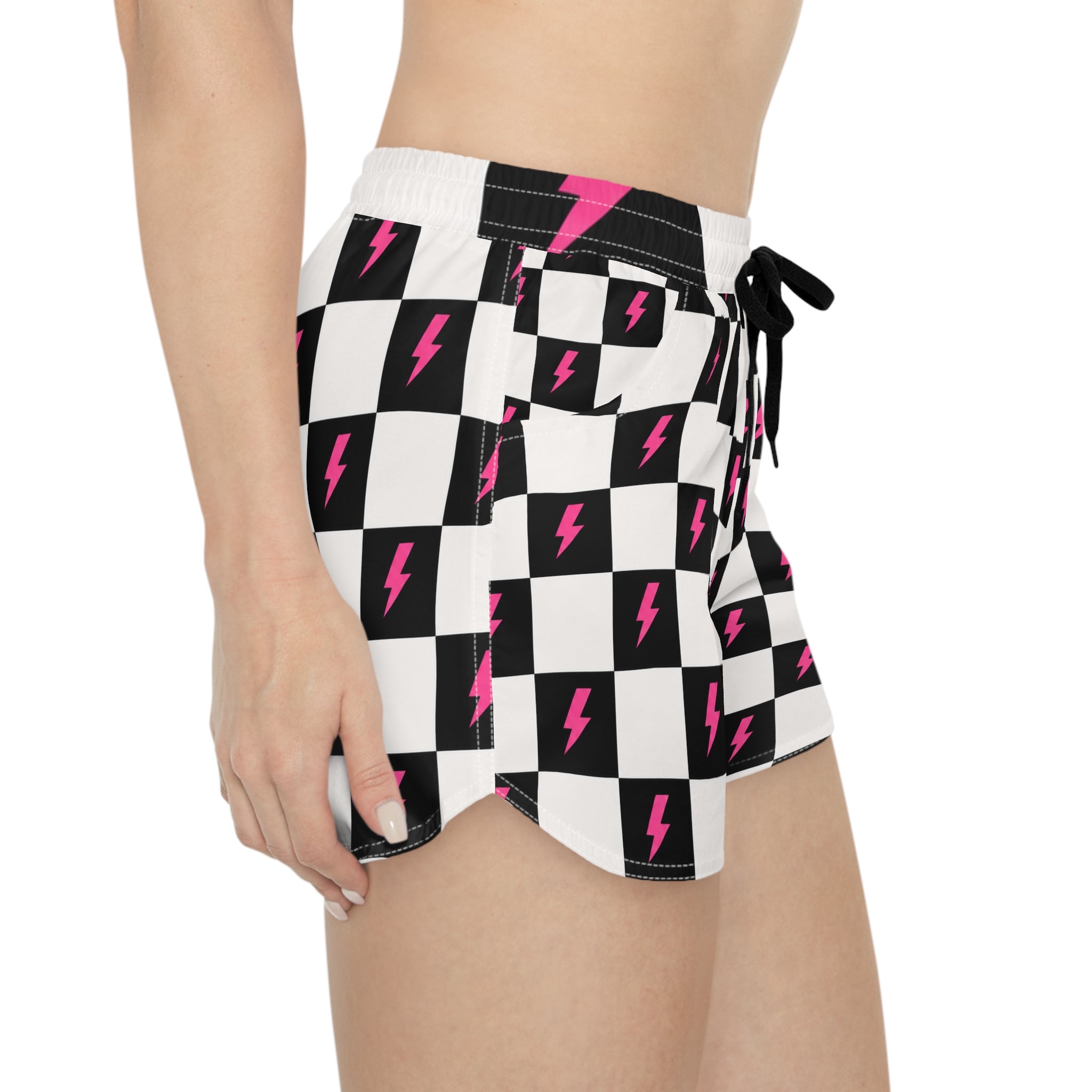 Checkerboard Lightning Bolt Women's Casual Shorts — Black & Pink