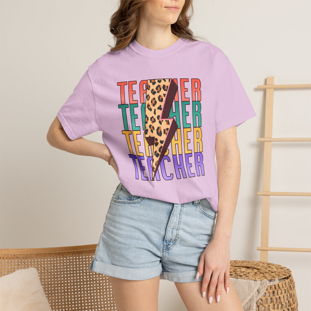 Teacher Lightning Bolt Leopard Print T‑Shirt — Colorful Retro Teacher Tee