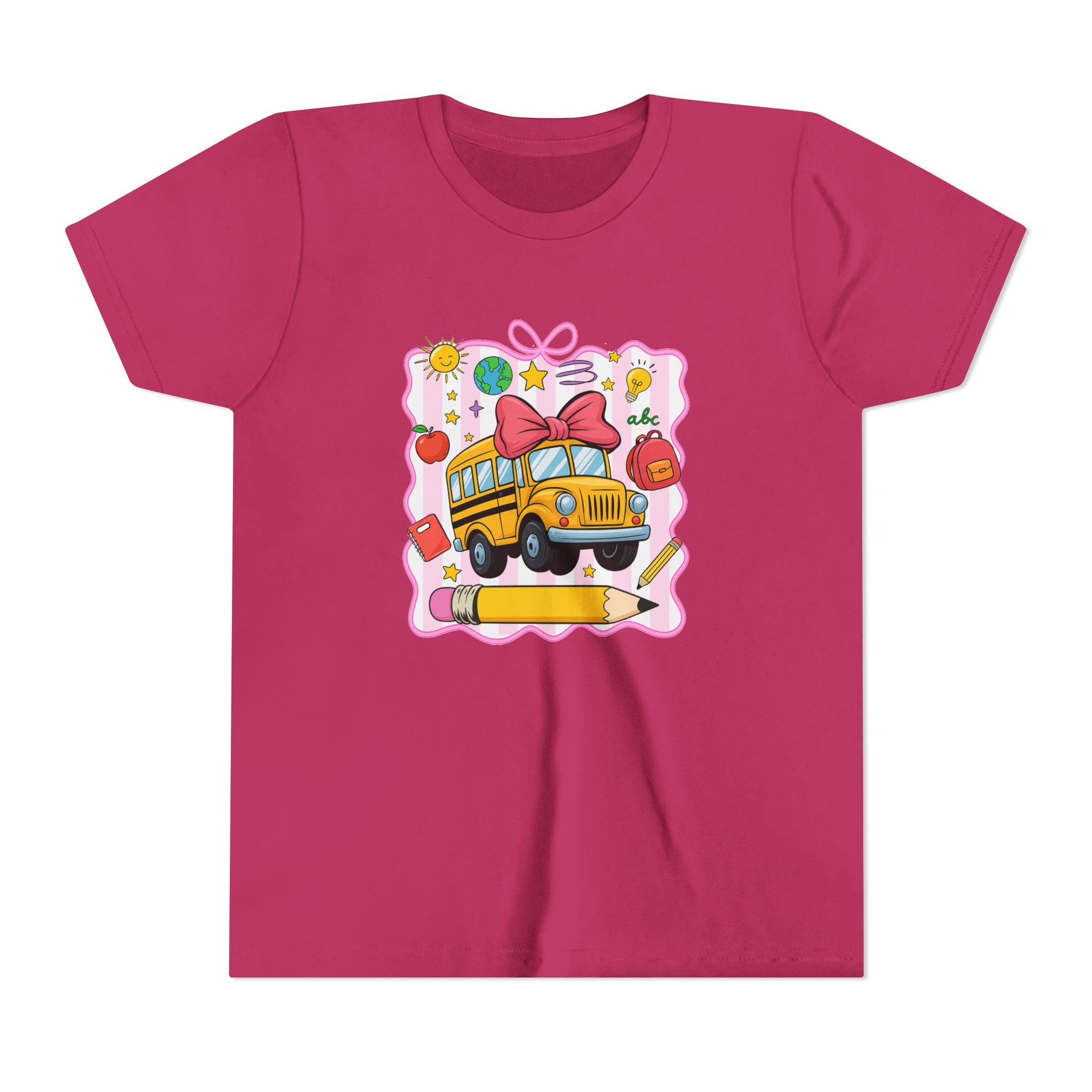 Youth Tee — Cute School Bus Back to School Kids Shirt (Pencil, Apple, Sun)