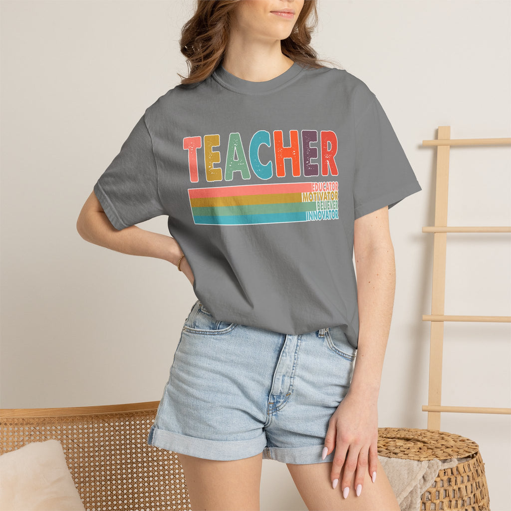 Teacher Rainbow Stripes T-Shirt — Retro Colorful Educator Tee