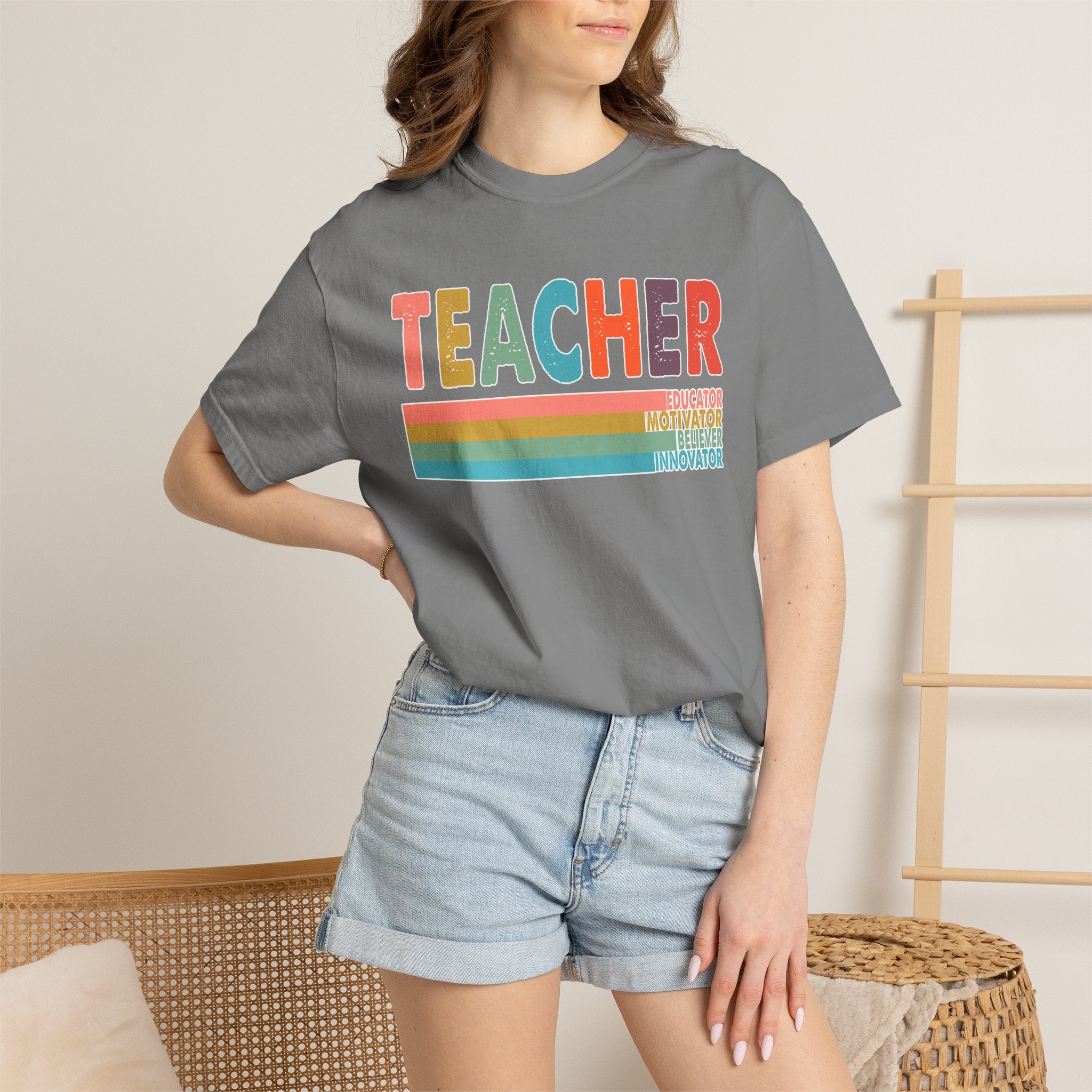Teacher Rainbow Stripes T-Shirt — Retro Colorful Educator Tee