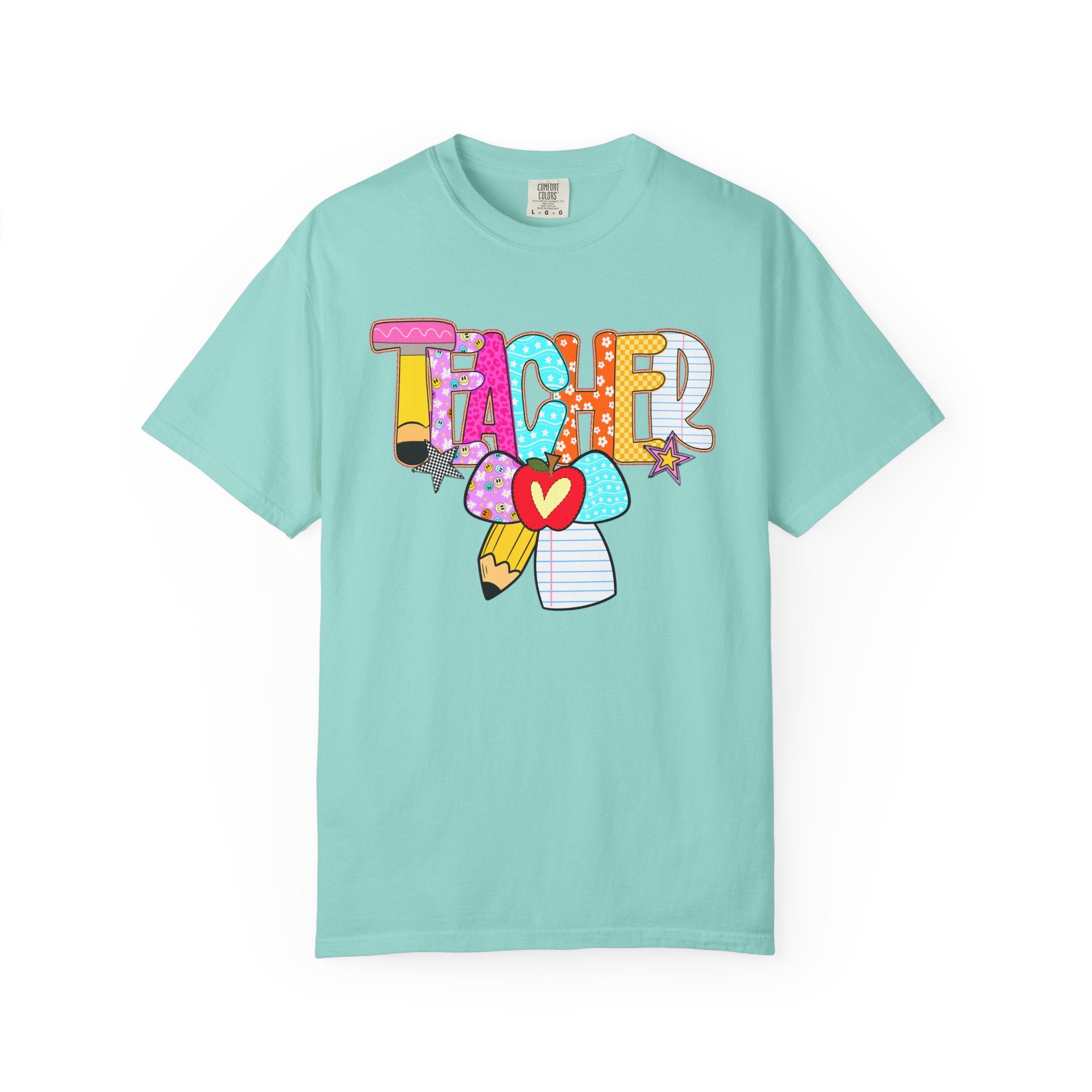 Teacher Doodle Graphic T‑Shirt — Colorful Pencil & Apple School Design