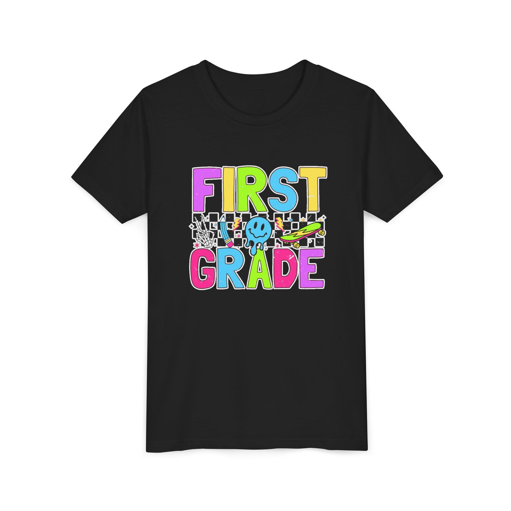 First Grade Youth T‑Shirt — Colorful Checkerboard Smile Back‑to‑School Tee