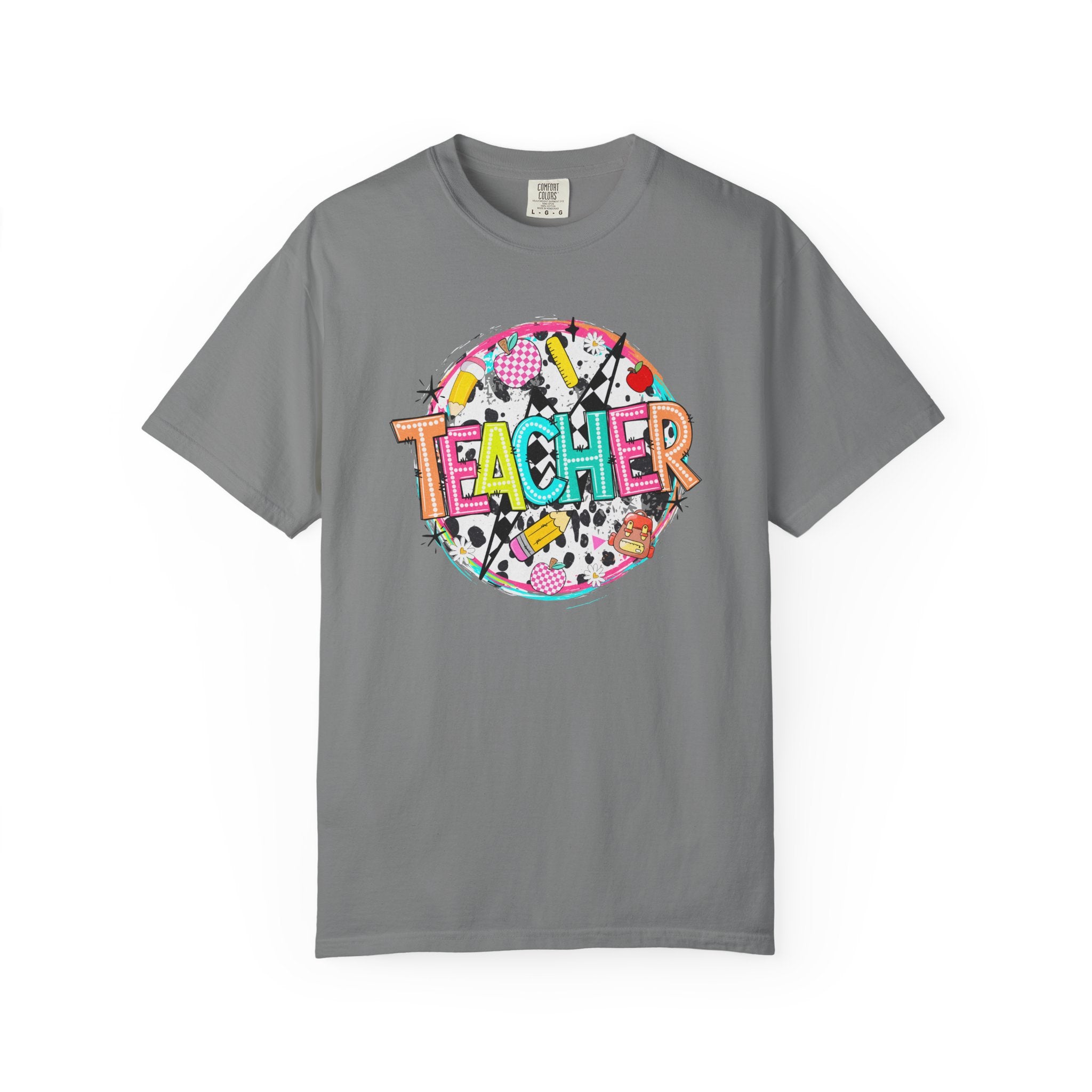 Teacher Graphic T-Shirt — Colorful School Supplies Design