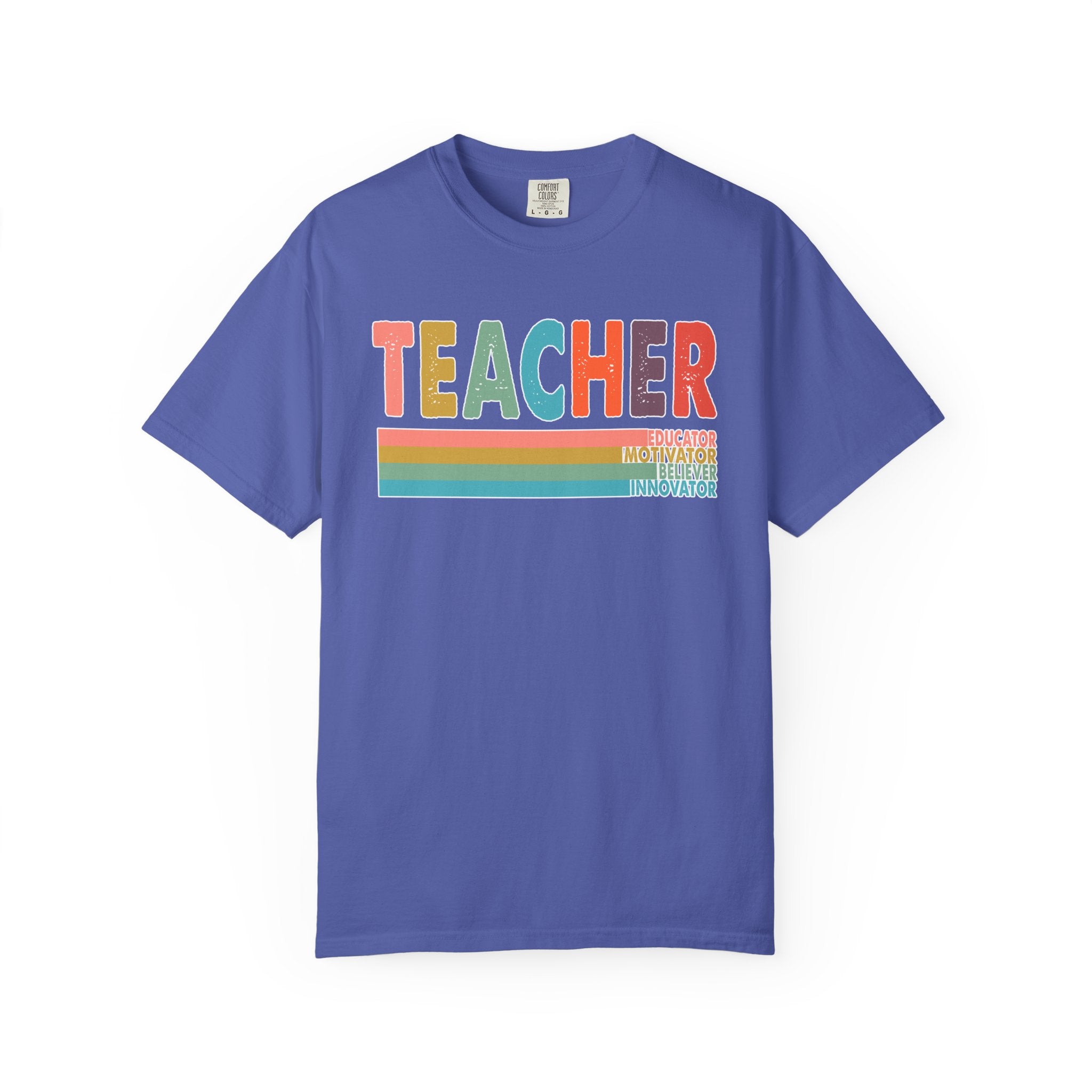 Teacher Rainbow Stripes T-Shirt — Retro Colorful Educator Tee