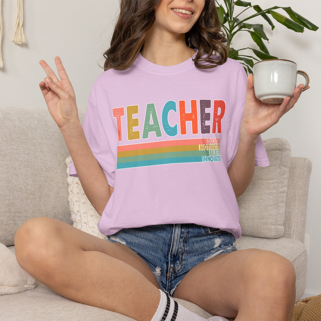 Teacher Rainbow Stripes T-Shirt — Retro Colorful Educator Tee