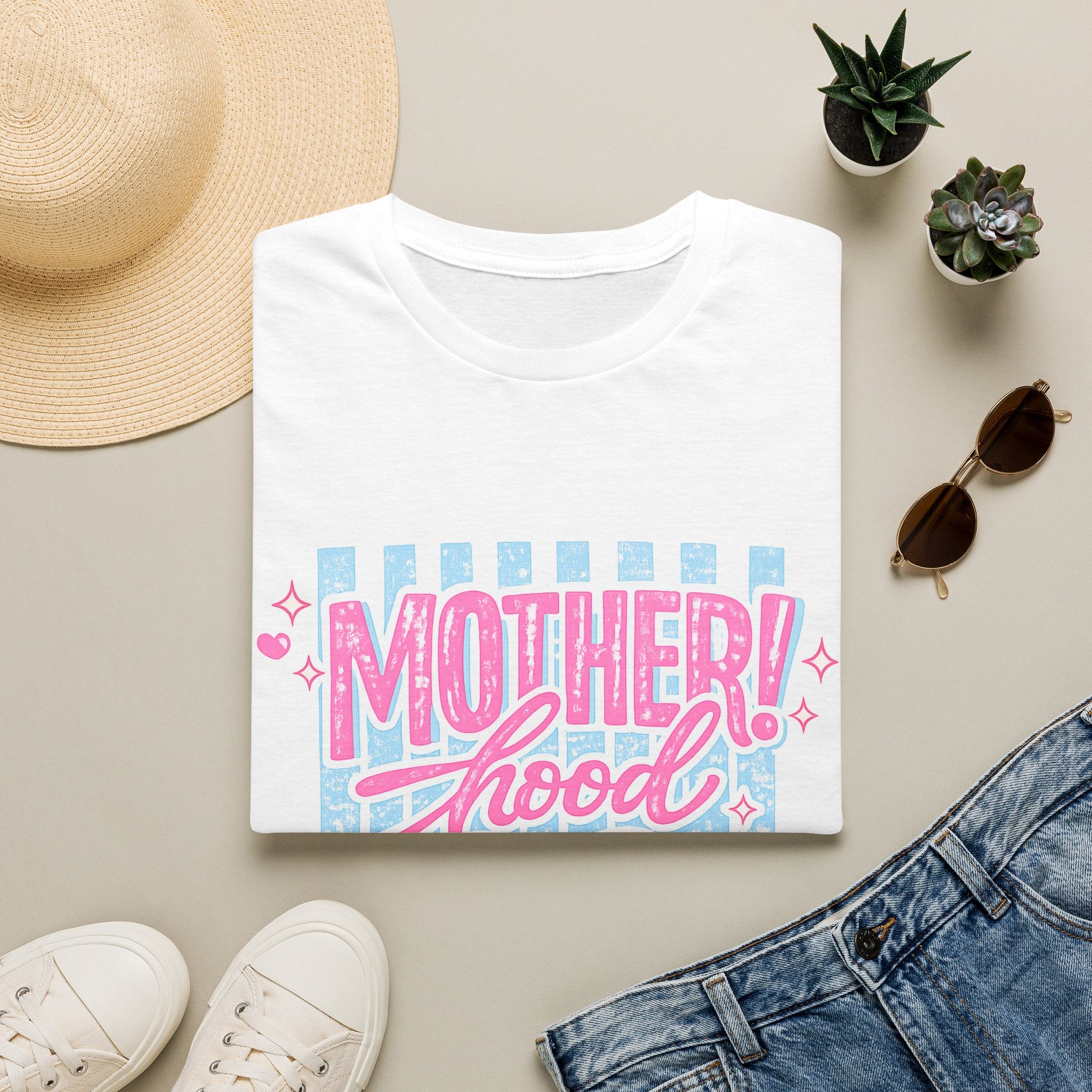 Motherhood Retro Tee — "Mother!hood" Pink & Blue Graphic T-Shirt for New Moms