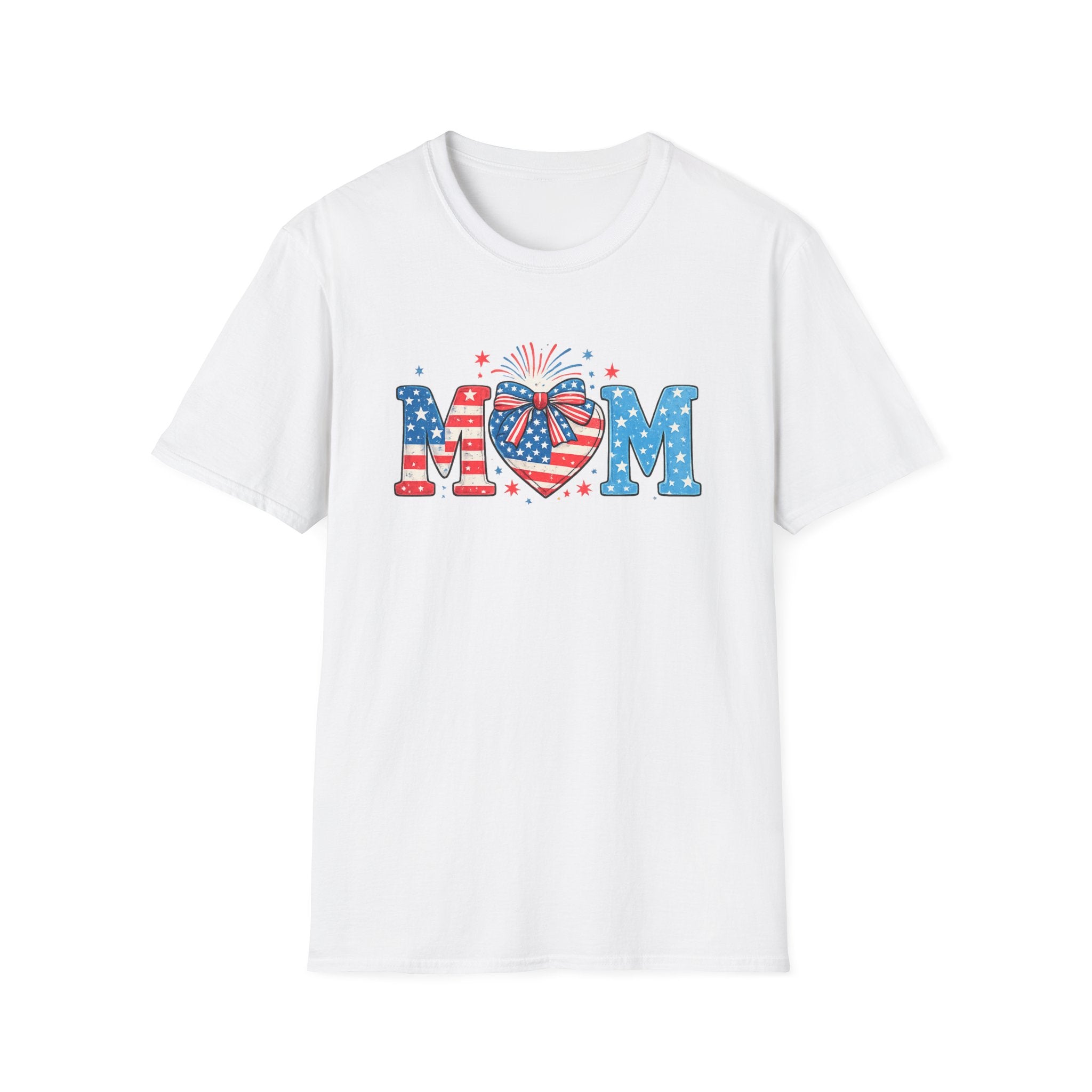 Patriotic MOM T-Shirt — Stars & Stripes Heart Design (Fourth of July / Mother's Day)