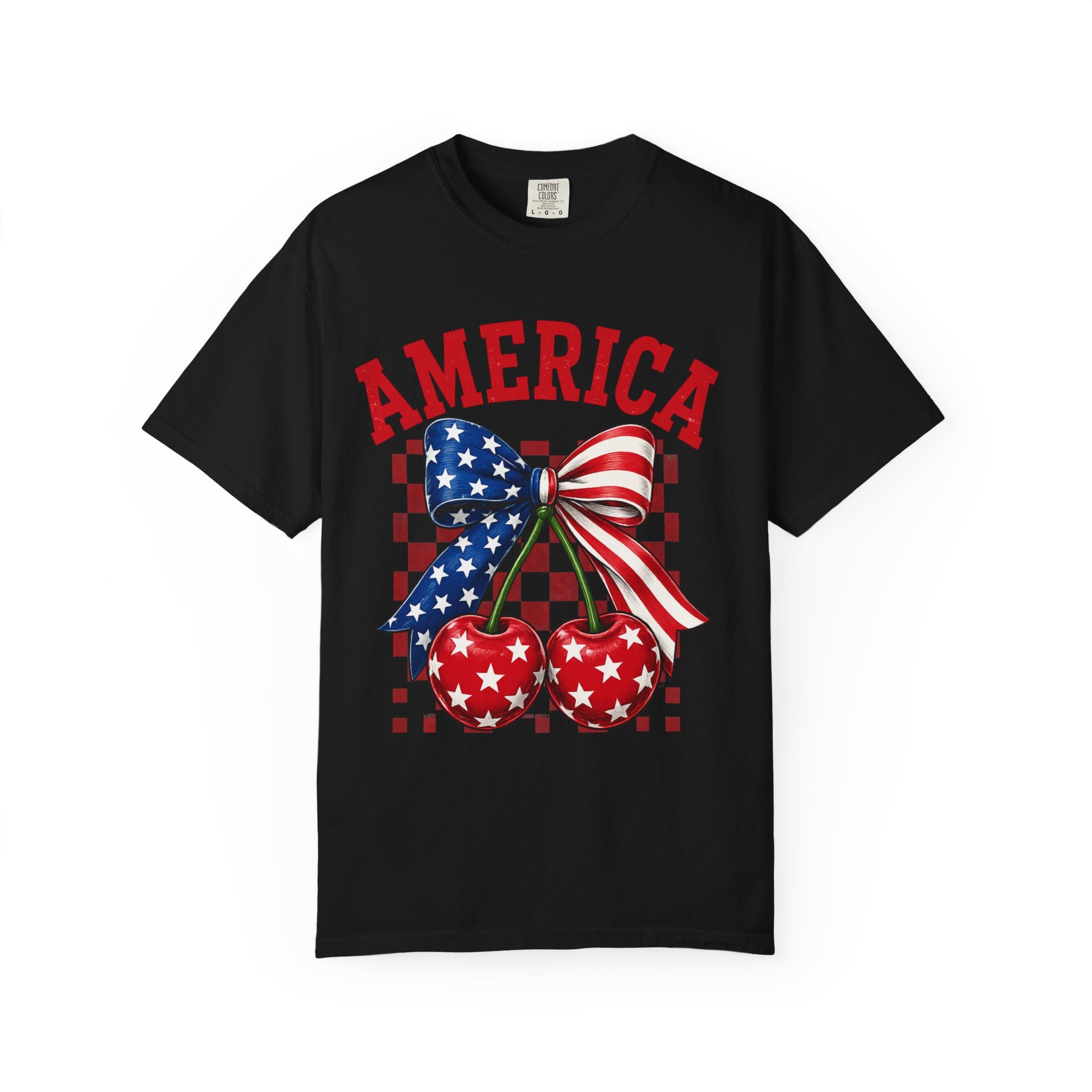America Cherry Graphic T-Shirt — Patriotic Stars & Stripes Bow Tee