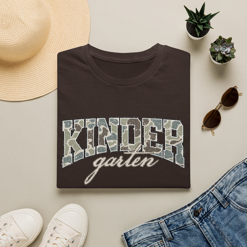 Kindergarten Camo T-Shirt — 'Kindergarten' Script & Camo Block Design
