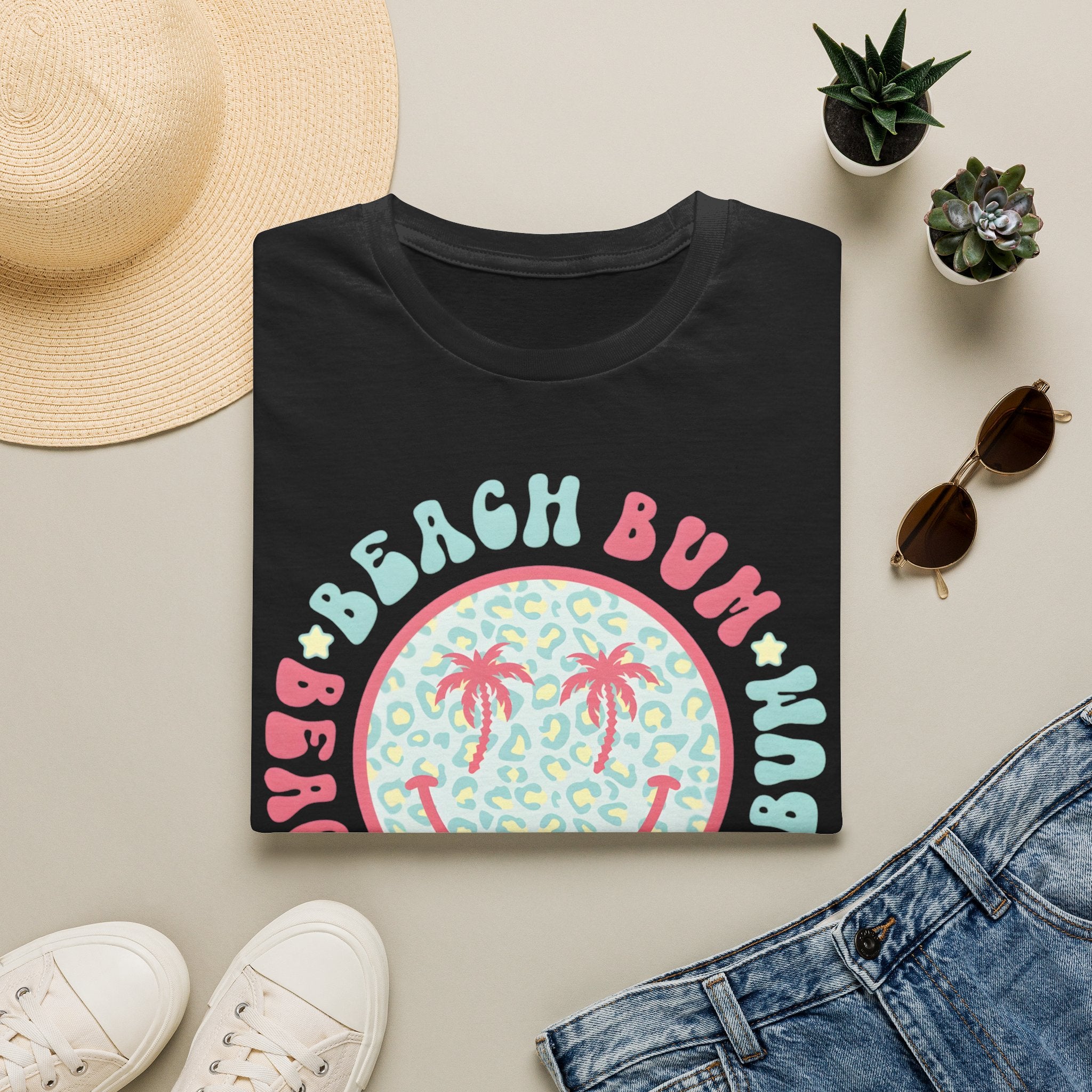 Beach Bum Smiley T-Shirt — Pastel Palm Tree Graphic