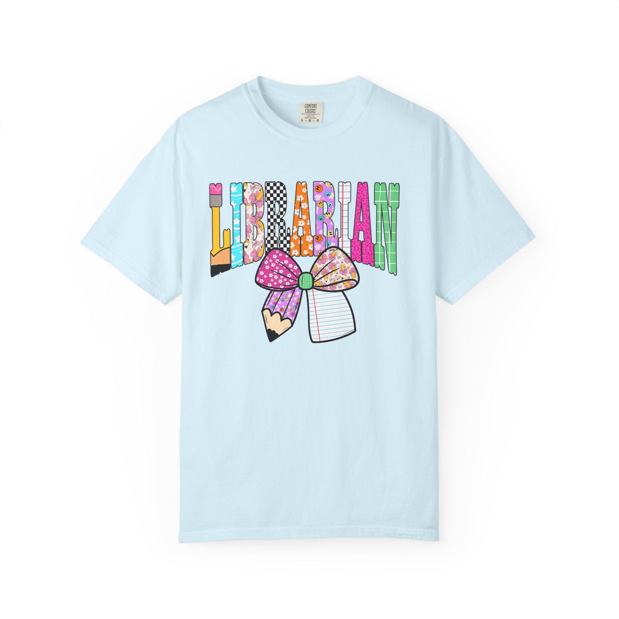 Librarian Graphic T‑Shirt — Colorful Bookish Bow Design