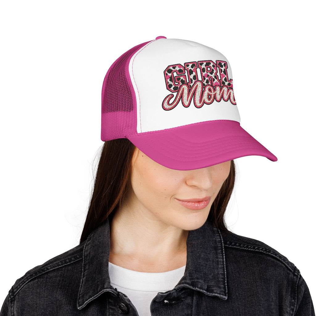 Girl Mom Leopard Foam Trucker Hat — Pink Glitter Script Mesh Cap