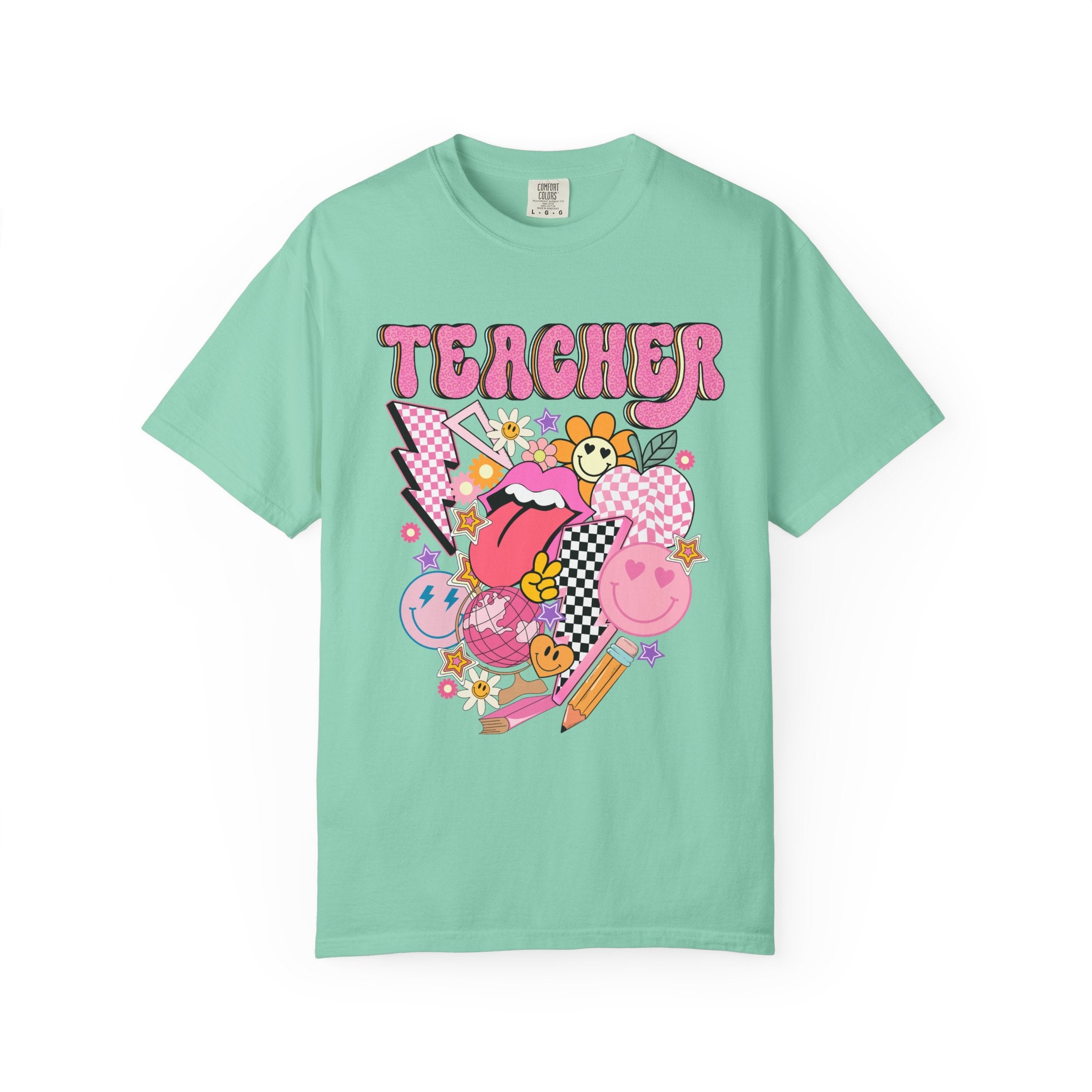 Teacher Retro Pop Graphic T‑Shirt — Cute Pink School Staff Shirt