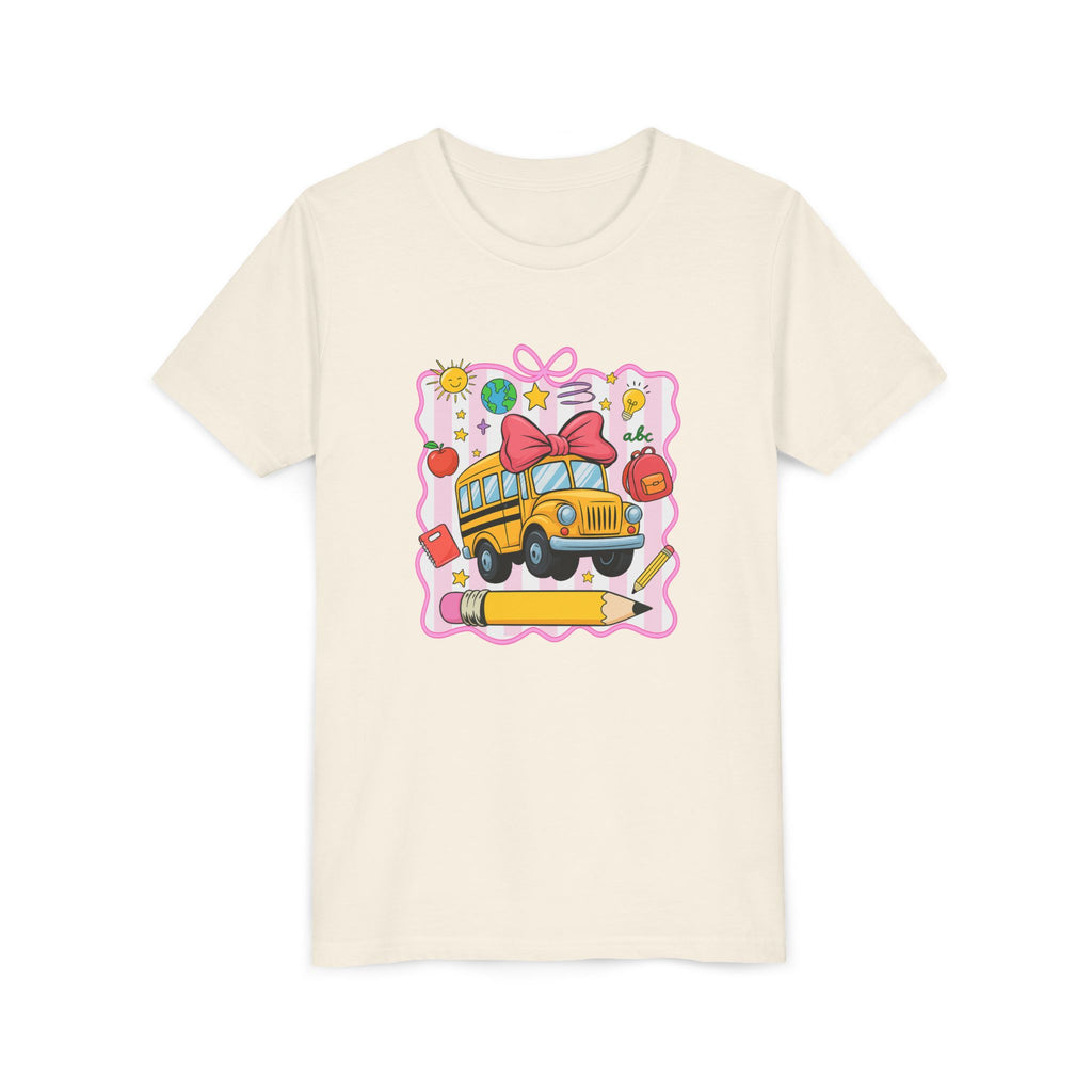 Youth Tee — Cute School Bus Back to School Kids Shirt (Pencil, Apple, Sun)